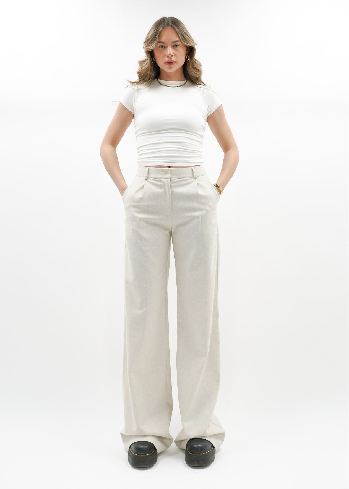 High waist linnen pants casual (tall) crème melange
