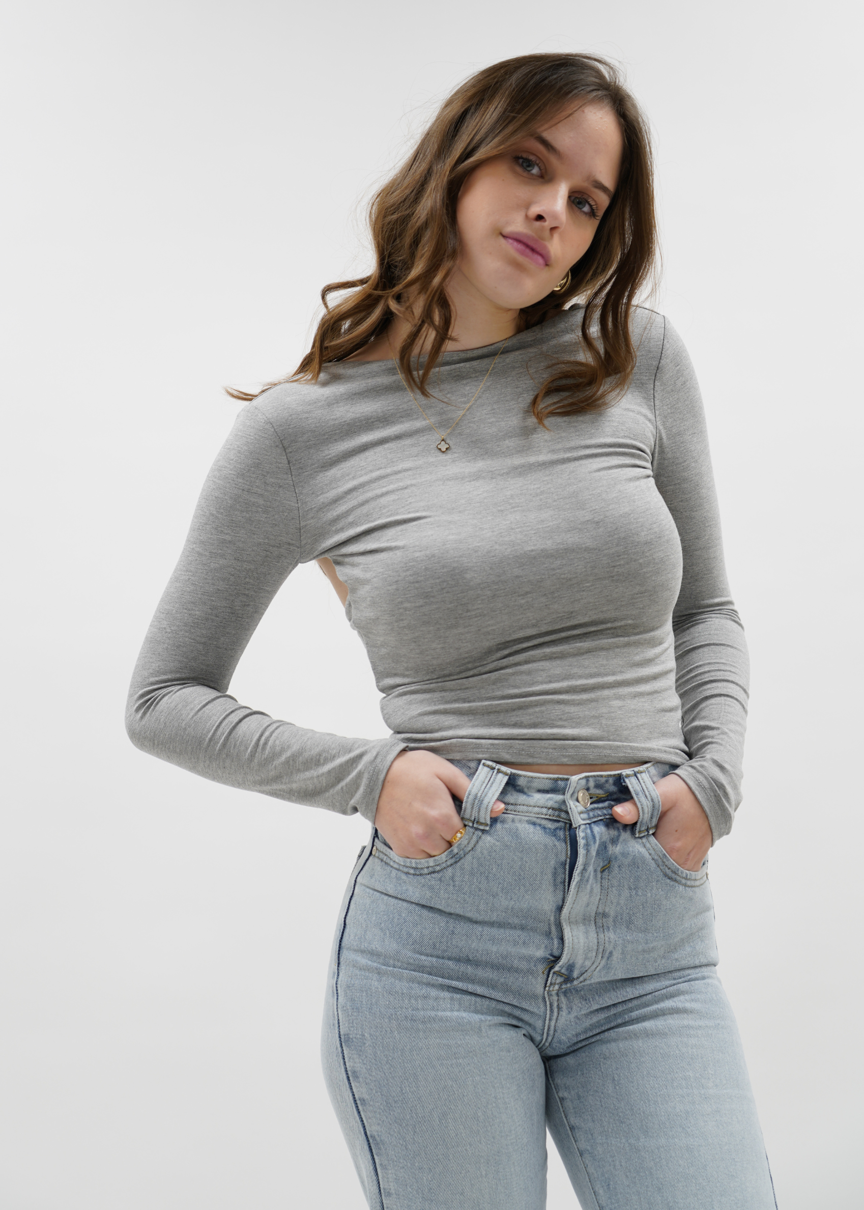 Long sleeve backless top light grey melange