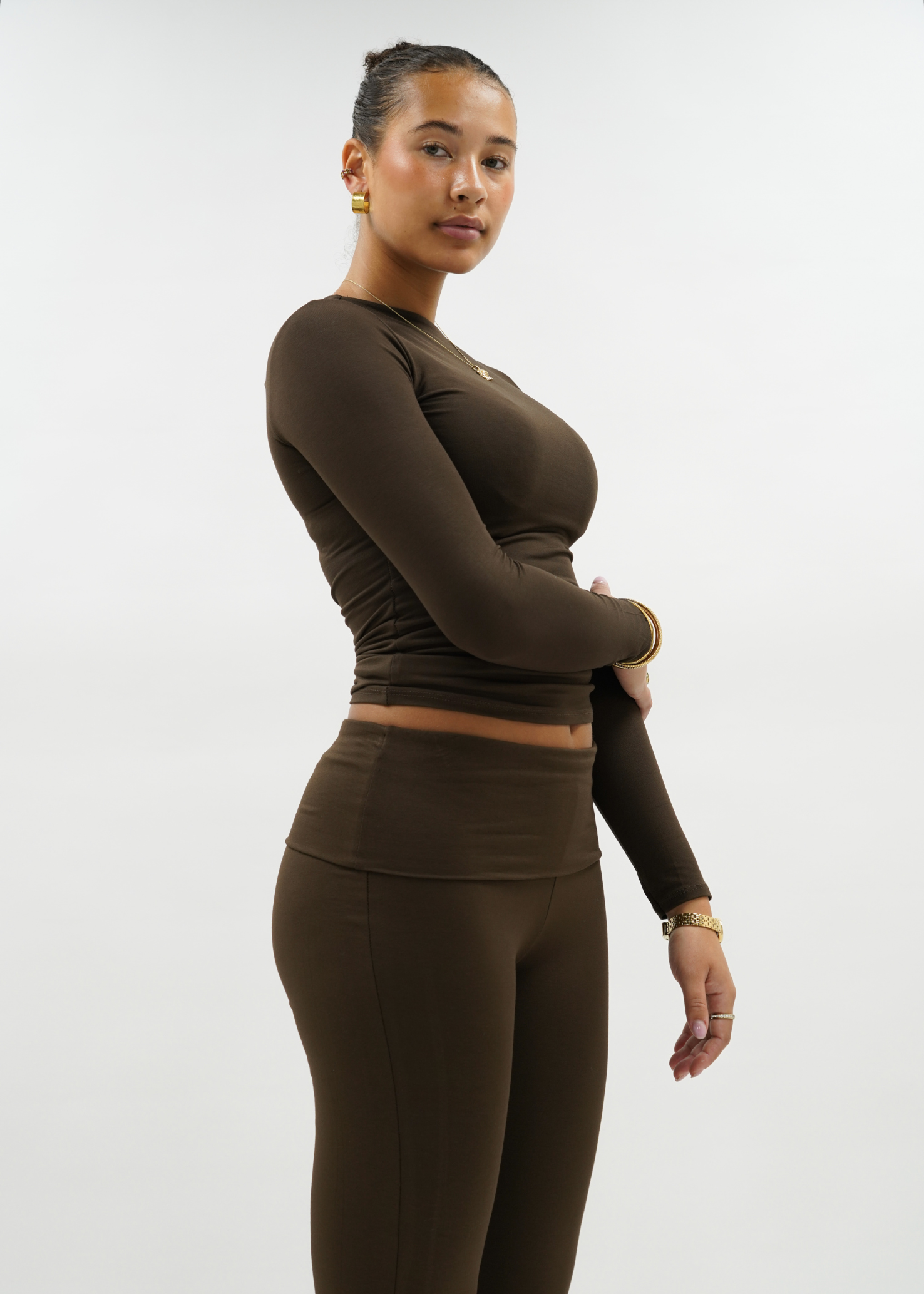 Lång ärm övre lång choklad brun