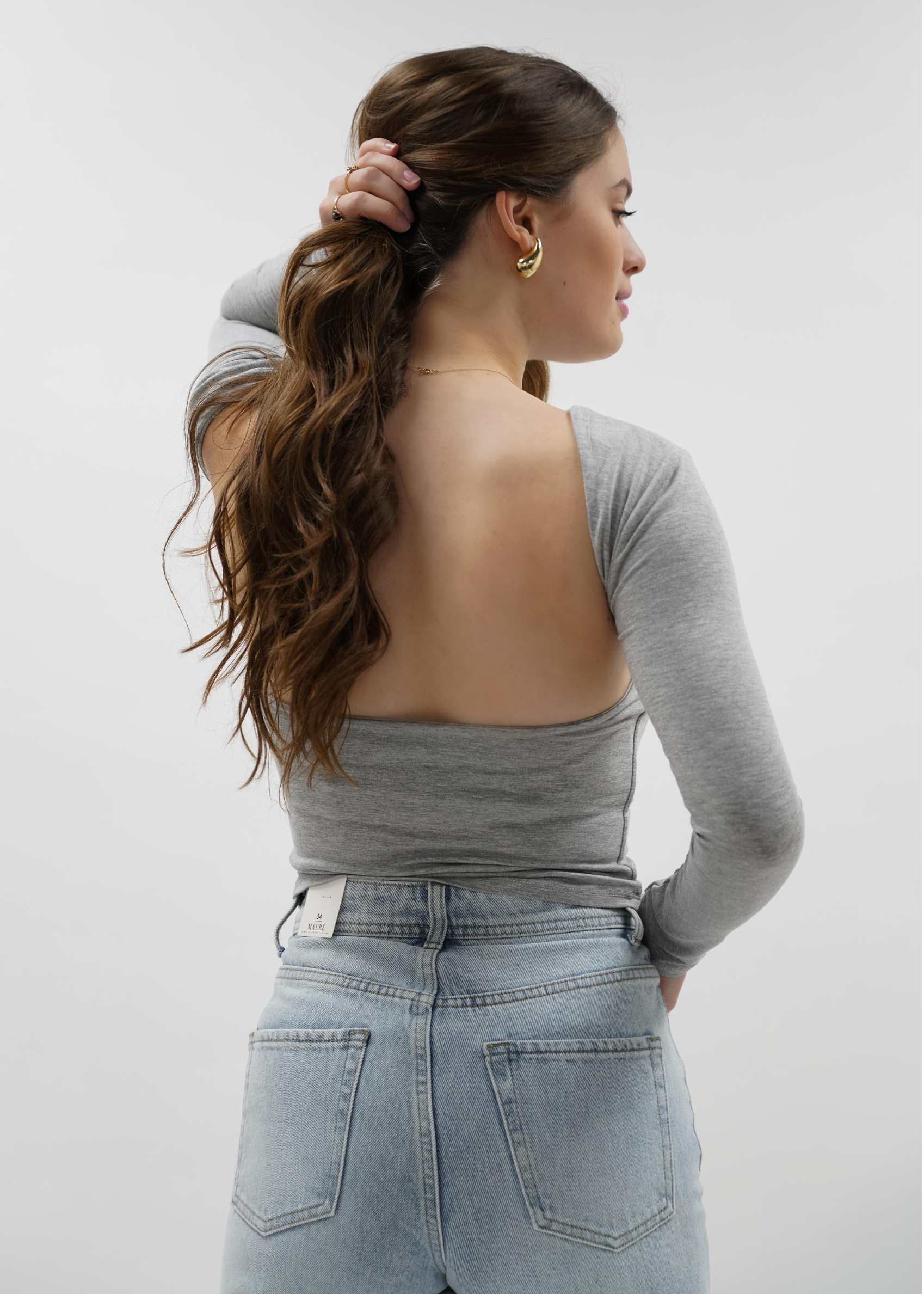 Long sleeve backless top light grey melange