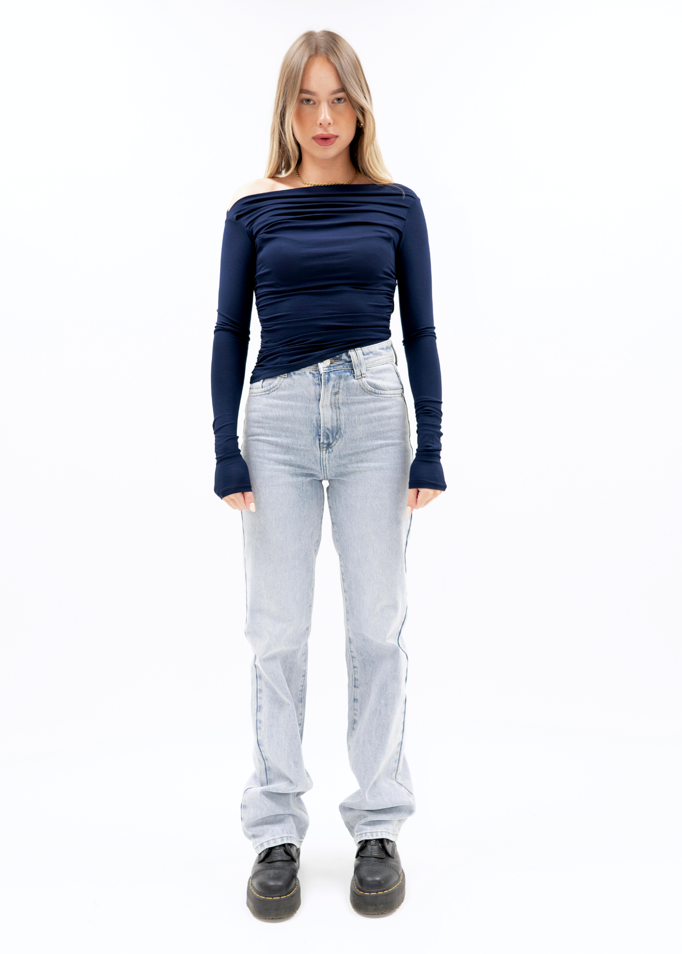 Off-shoulder ruche top night blue
