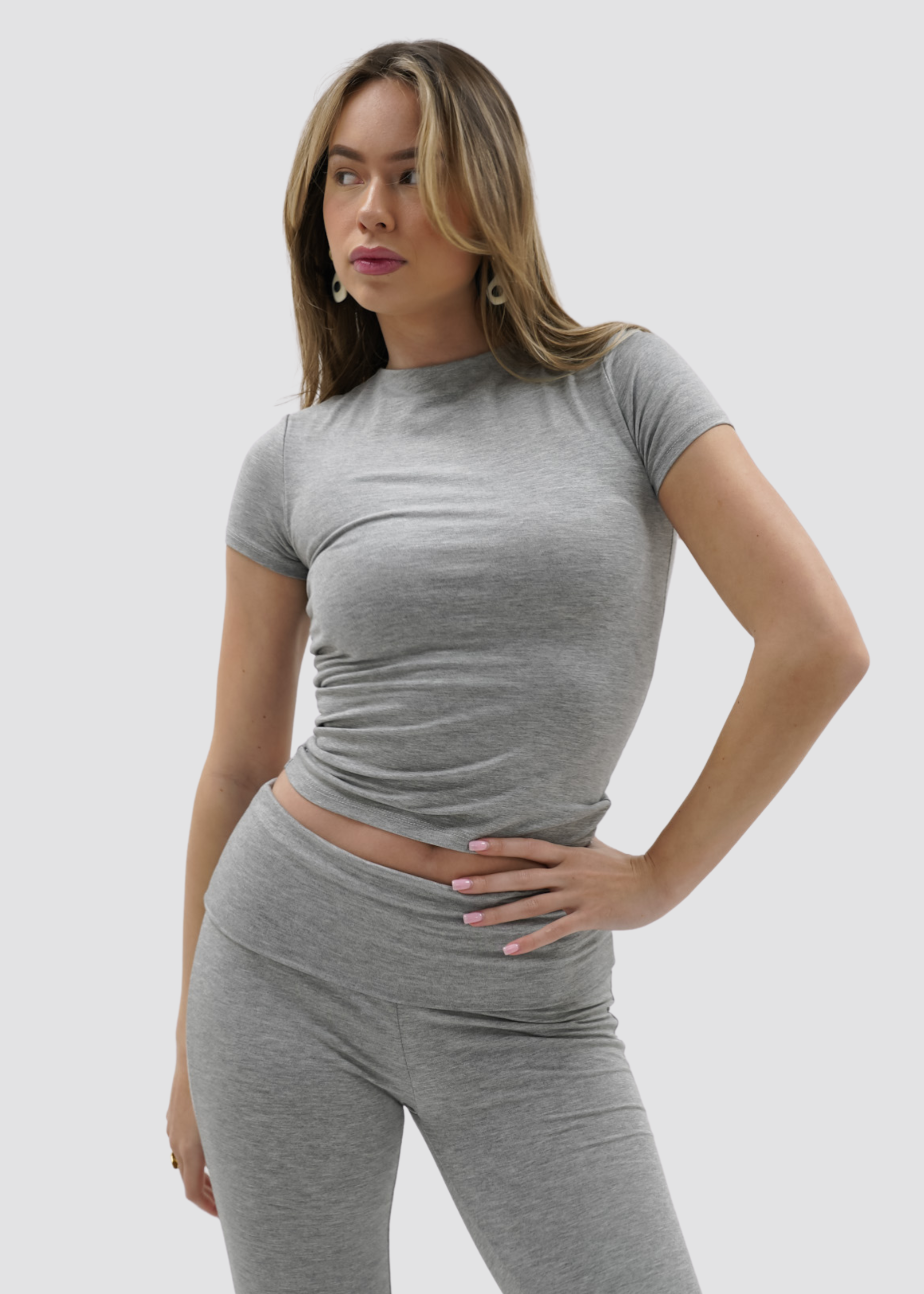 Short sleeve top long light grey melange (tall)