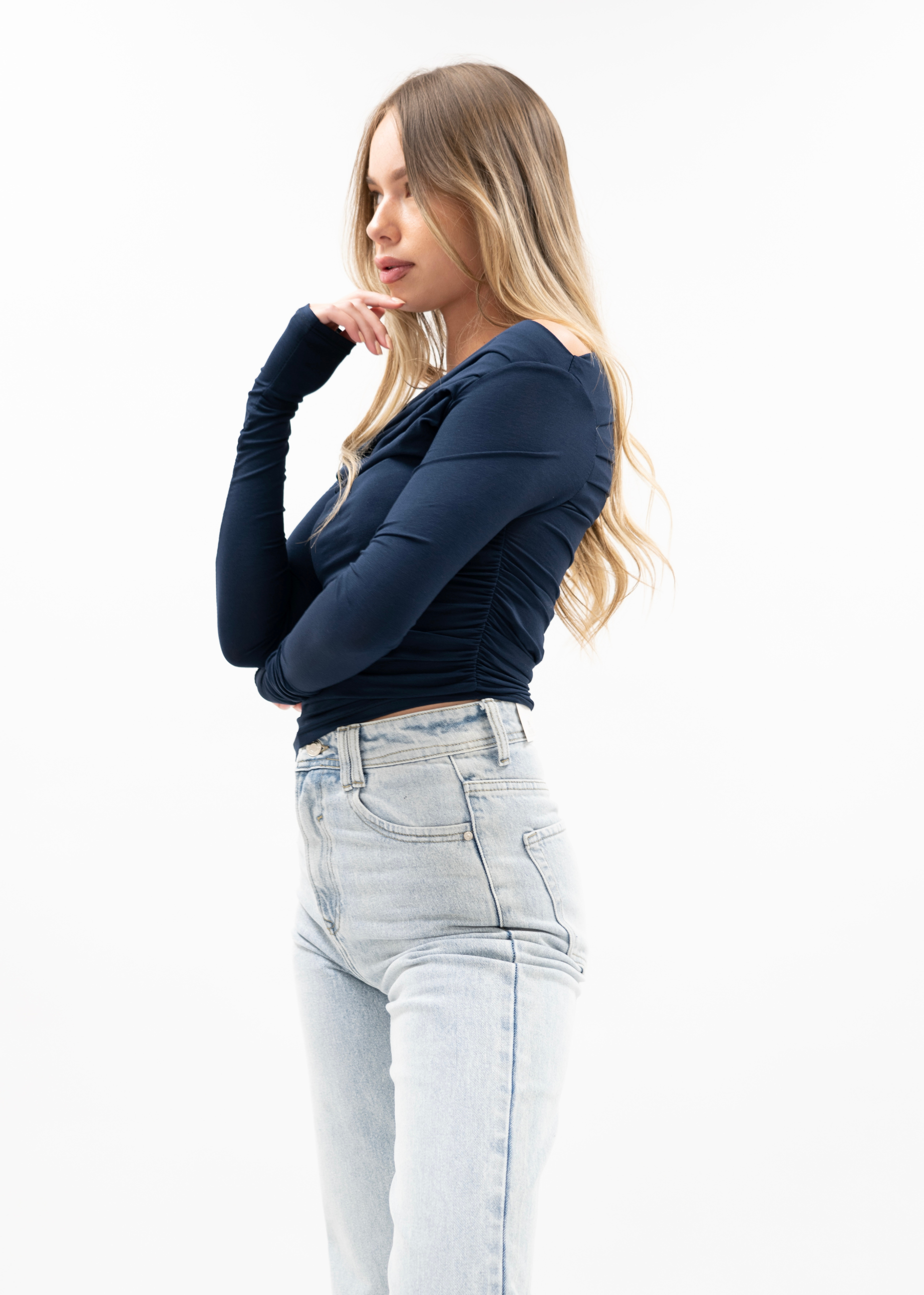 Off-shoulder ruche top night blue