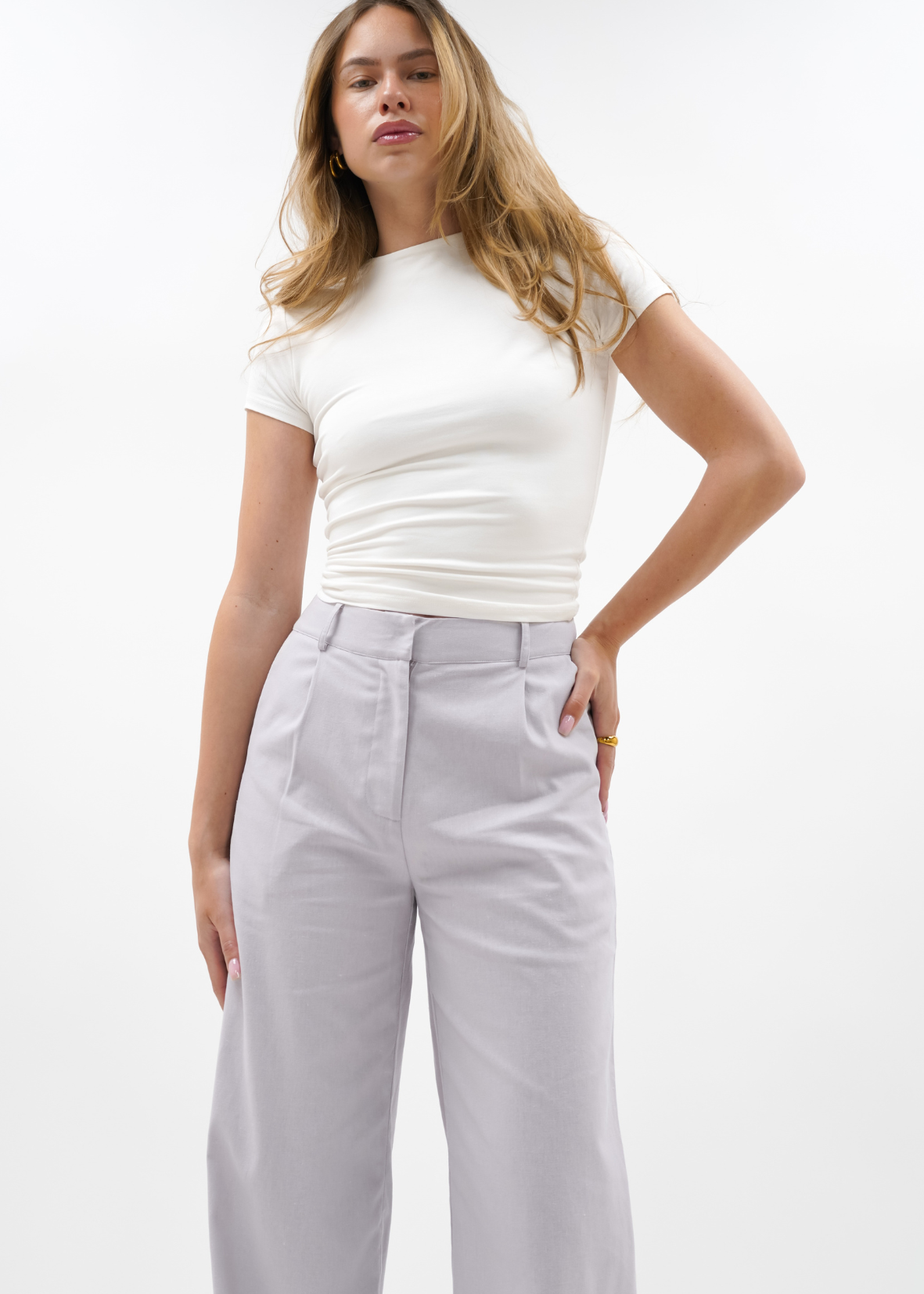 High waist linnen pants casual (tall) light taupe