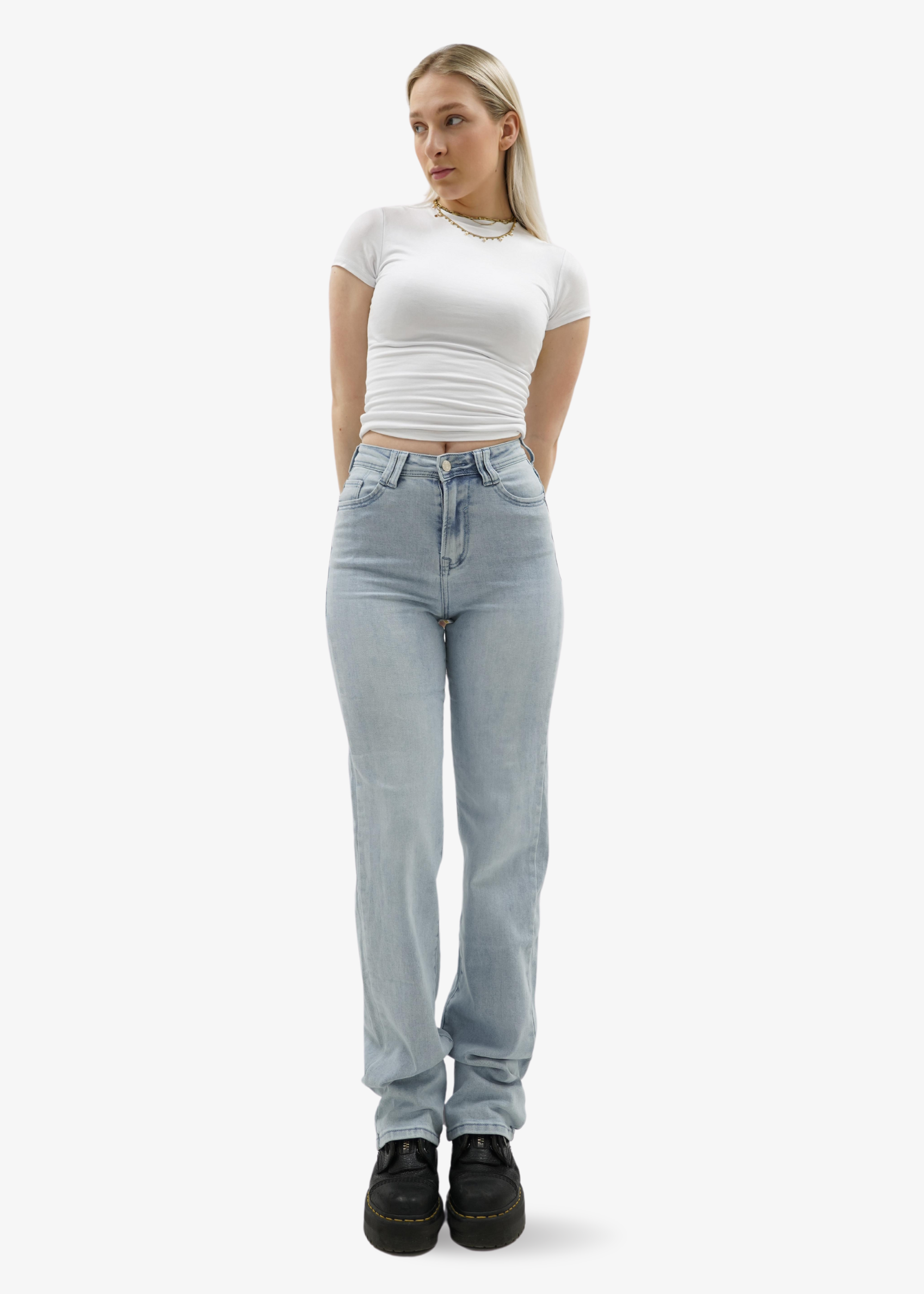 Stretch high waist straight leg jeans washed blue (TALL)