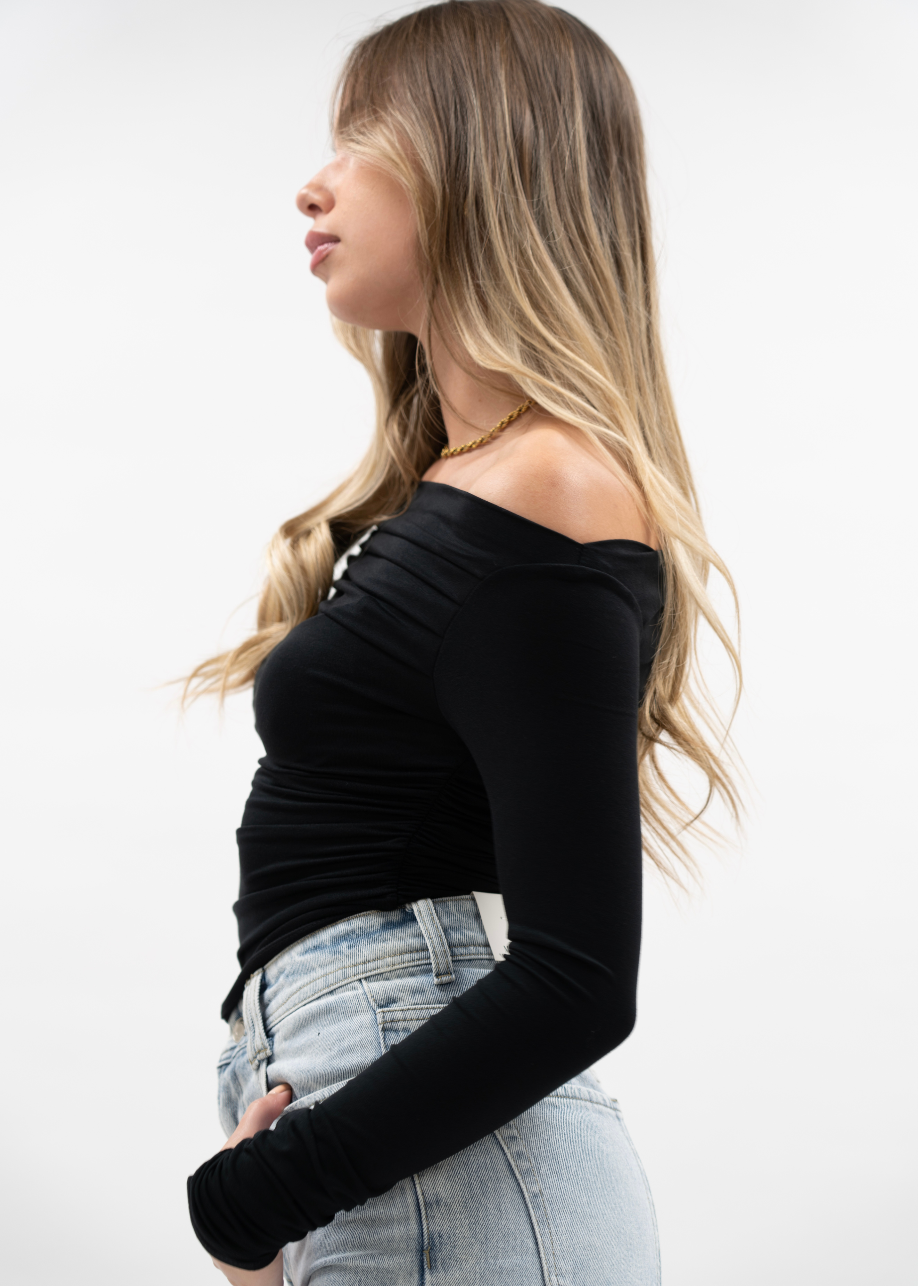 Off-shoulder ruche top black