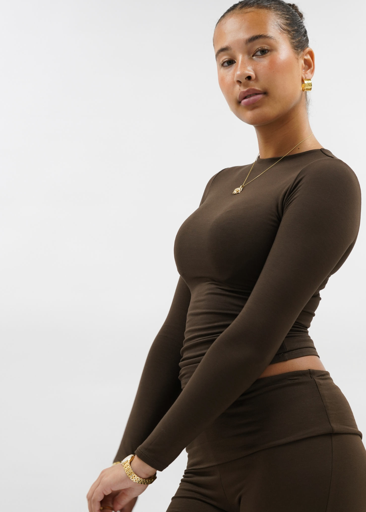 Lång ärm övre lång choklad brun