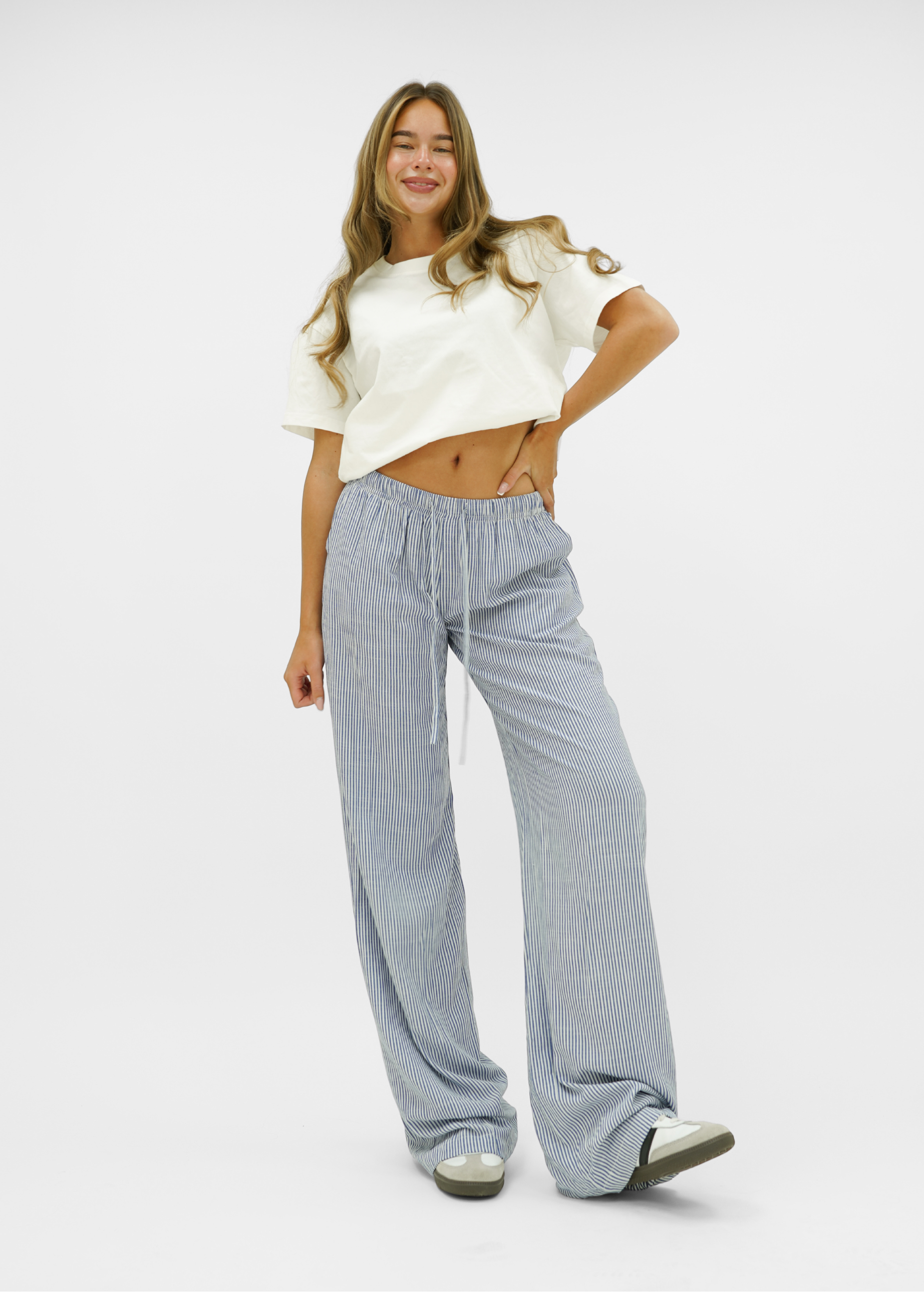 Mid waist striped cotton pants (tall) dark blue