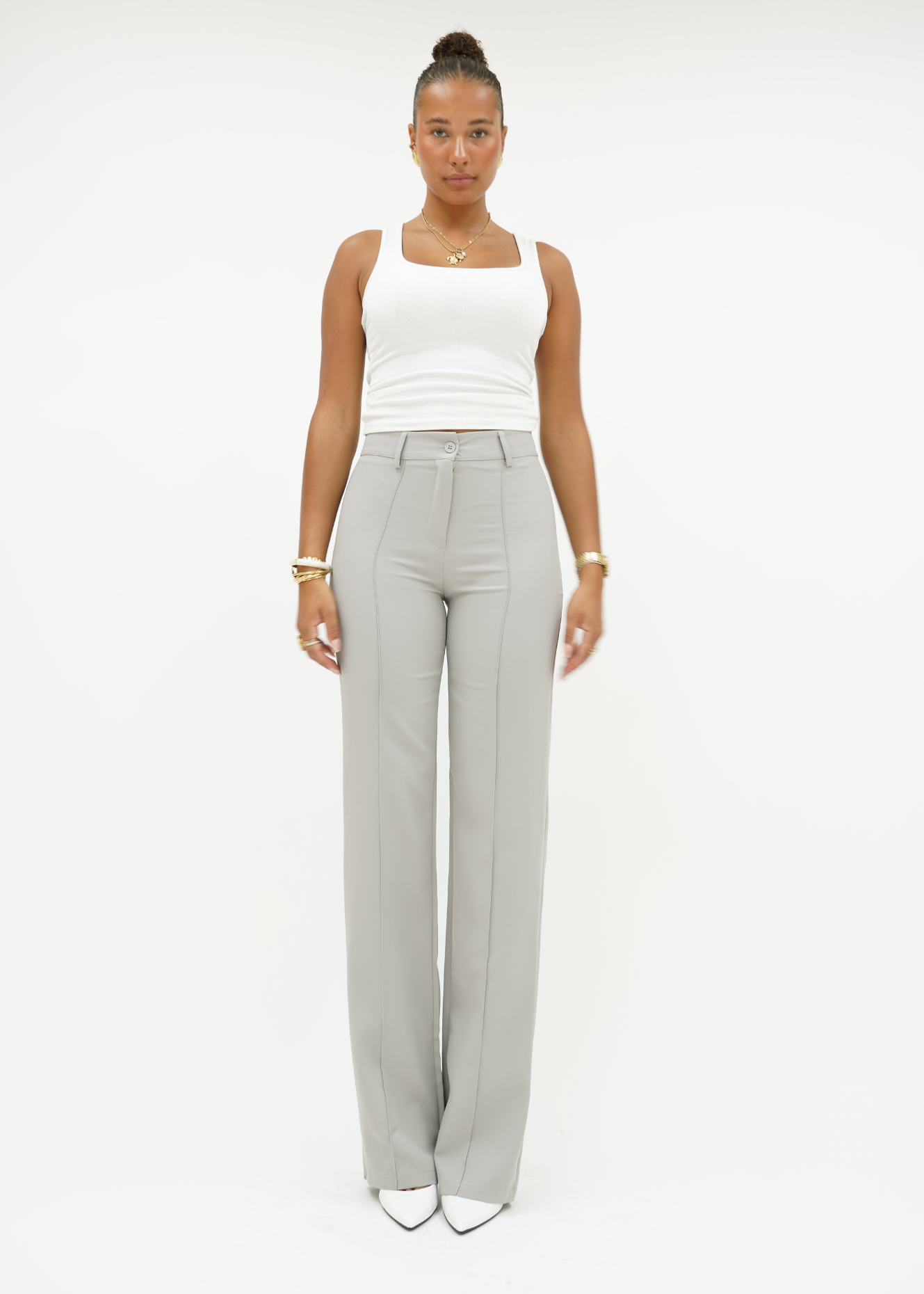 Straight leg pants with pressfold creamy gray (TALL)