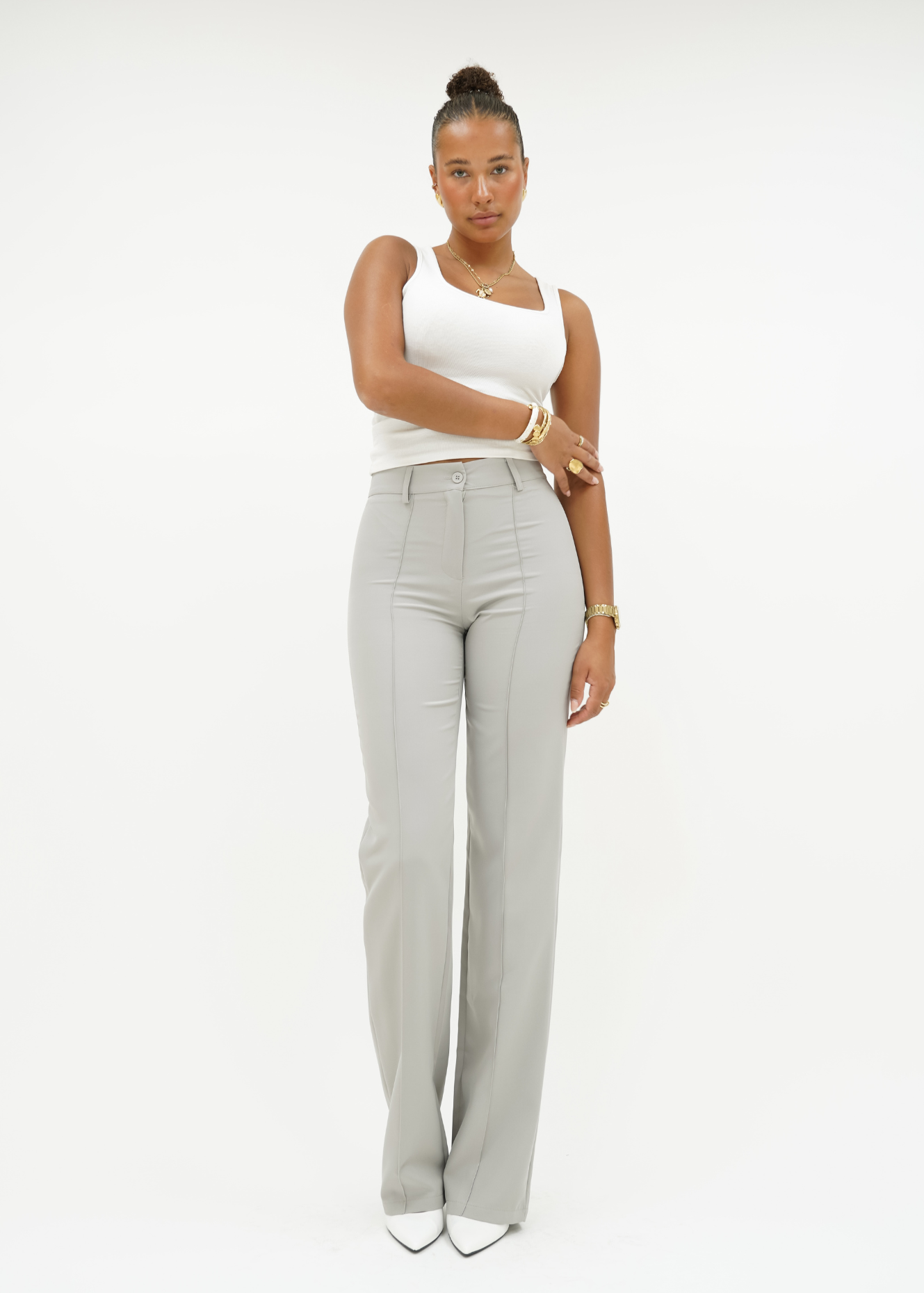 Straight leg pants with pressfold creamy gray (TALL)
