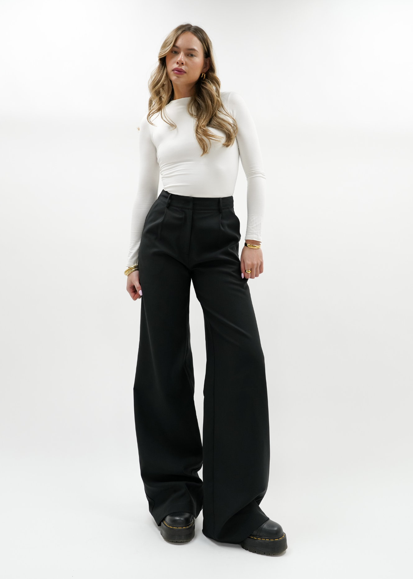 High waist wide leg pants casual black (regular)