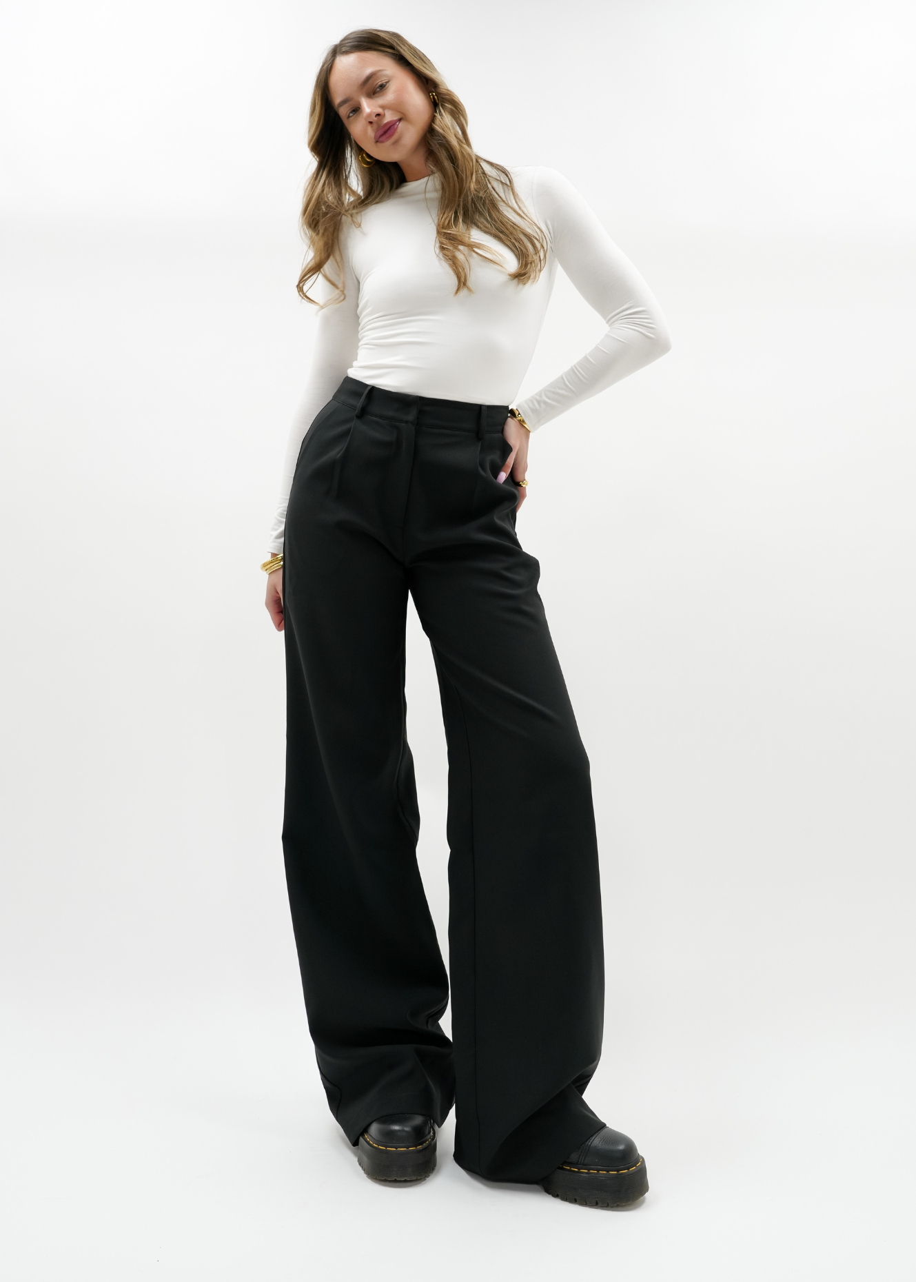 High waist wide leg pants casual black (regular)