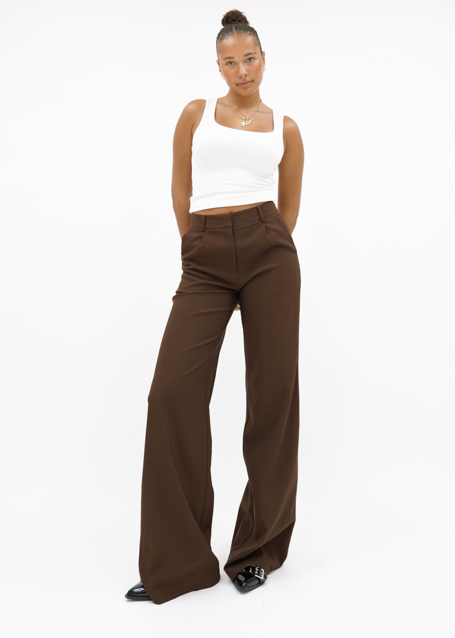 High waist wide leg pants casual chocolate brown (tall)