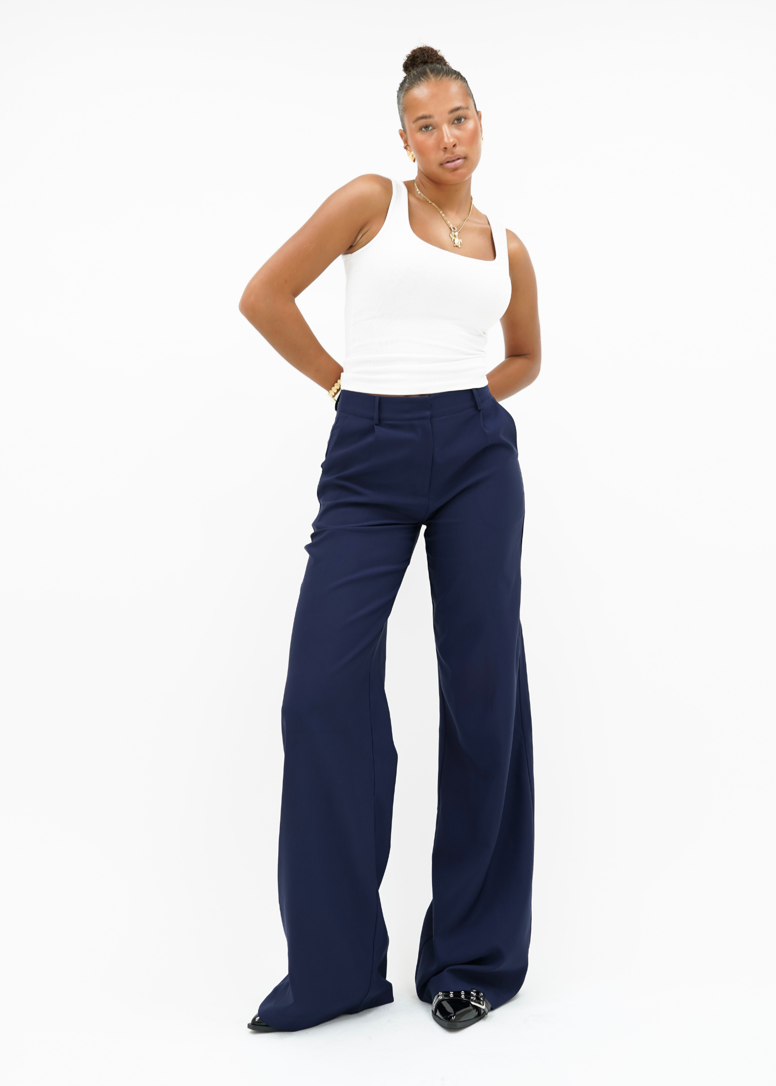 High waist wide leg pants casual night blue (tall)