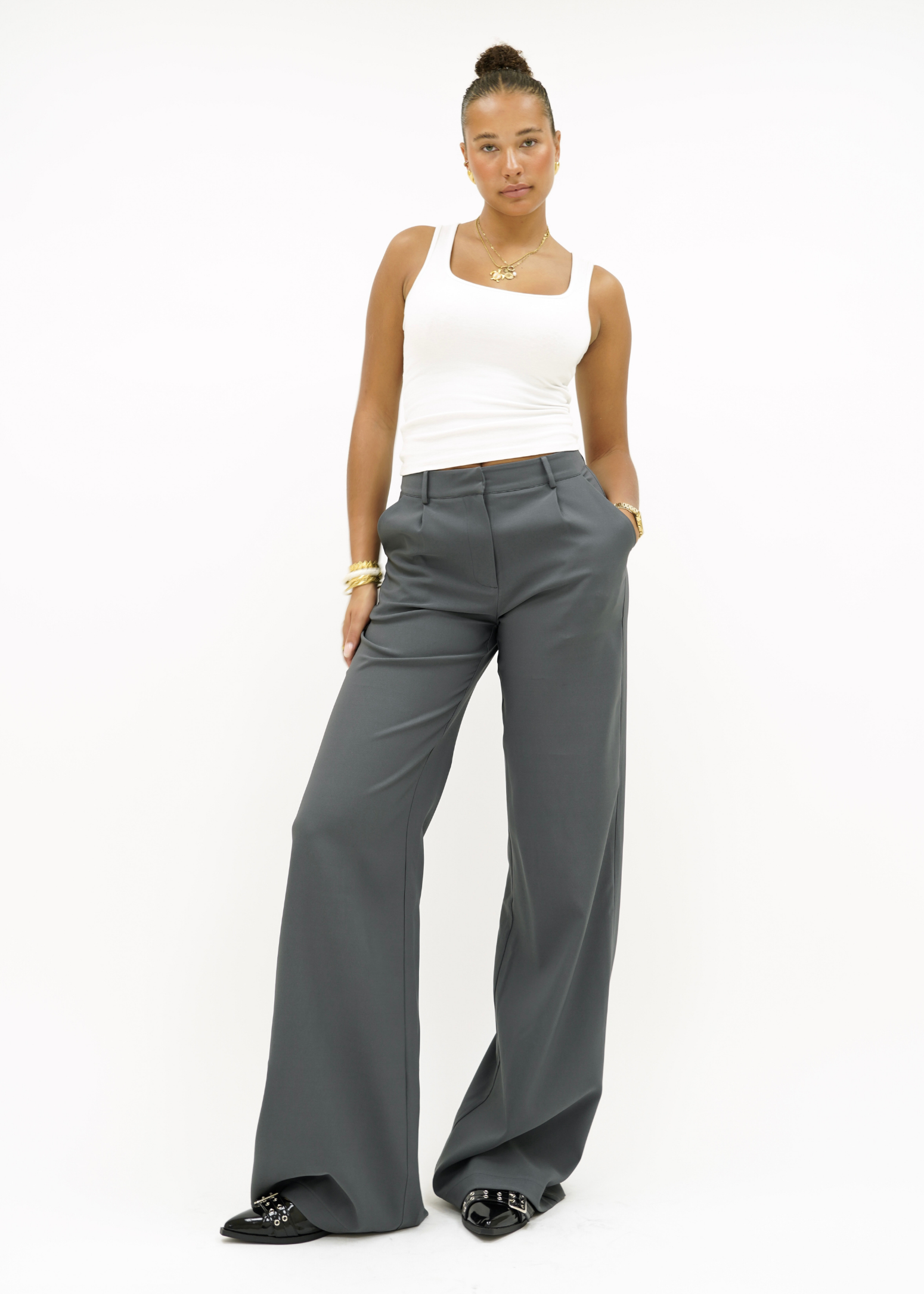 High waist wide leg pants casual charcoal (tall)