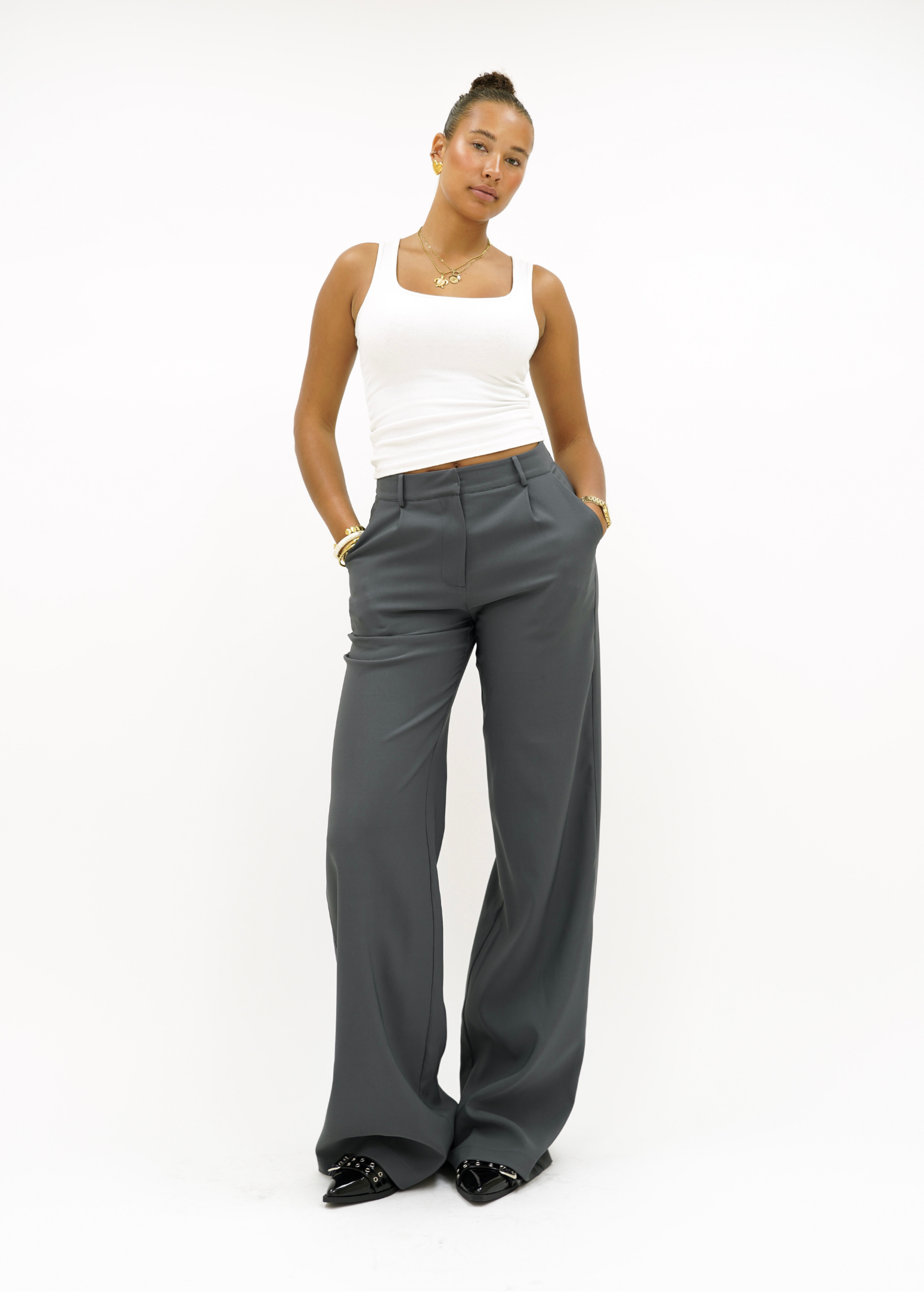 High waist wide leg pants casual charcoal (tall)