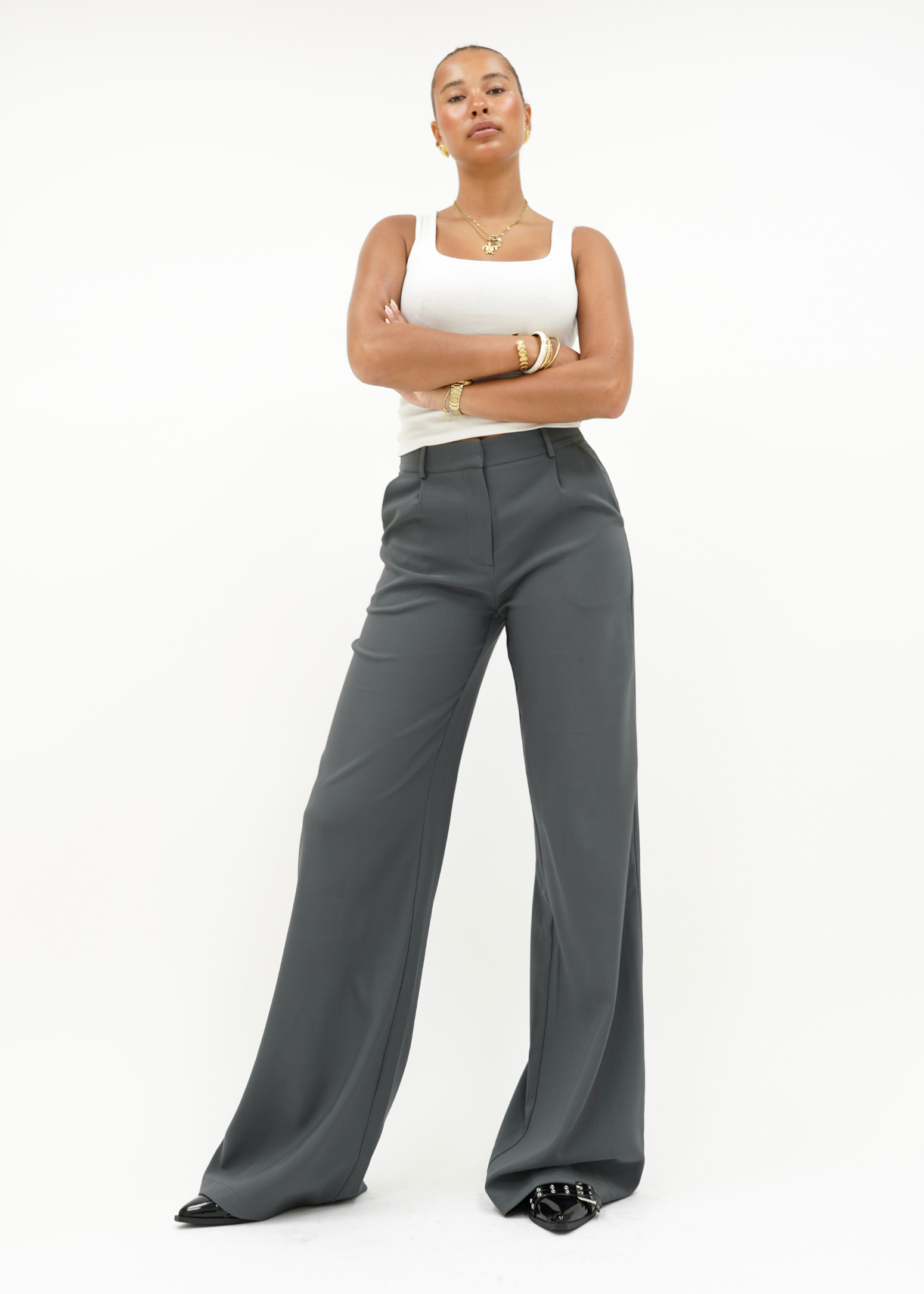 High waist wide leg pants casual charcoal (tall)