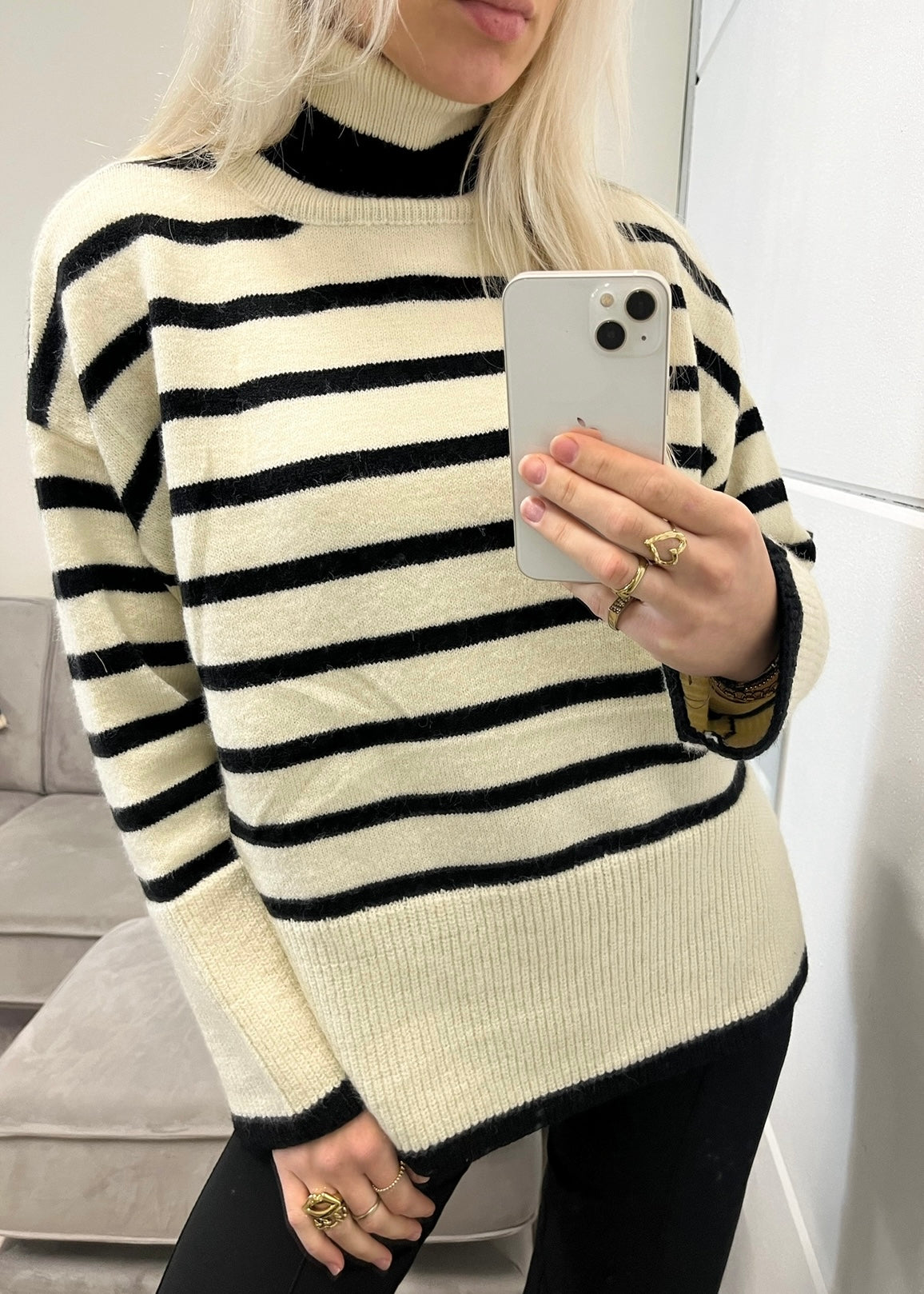 Gestreepte knit met col creme