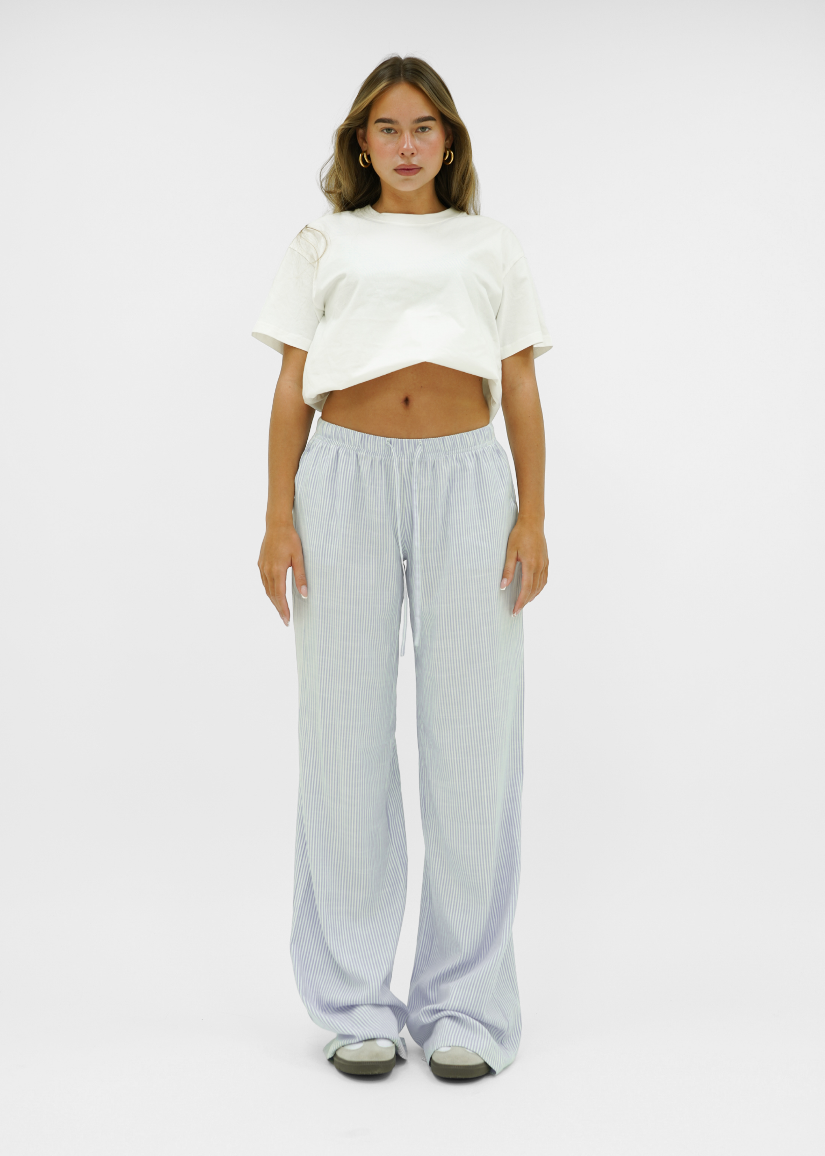 Mid waist striped cotton pants (tall) light blue