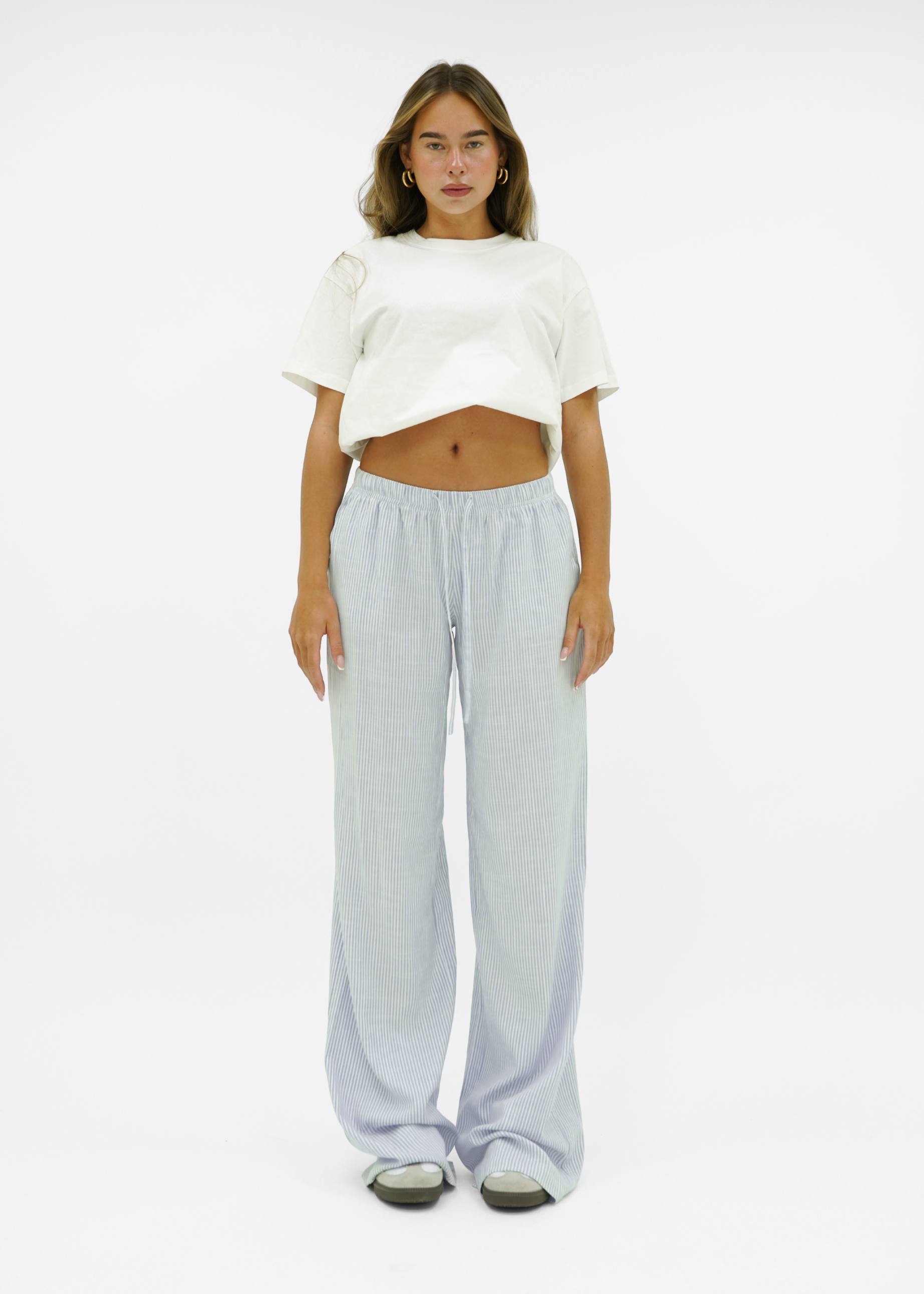 Mid waist striped cotton pants (tall) light blue