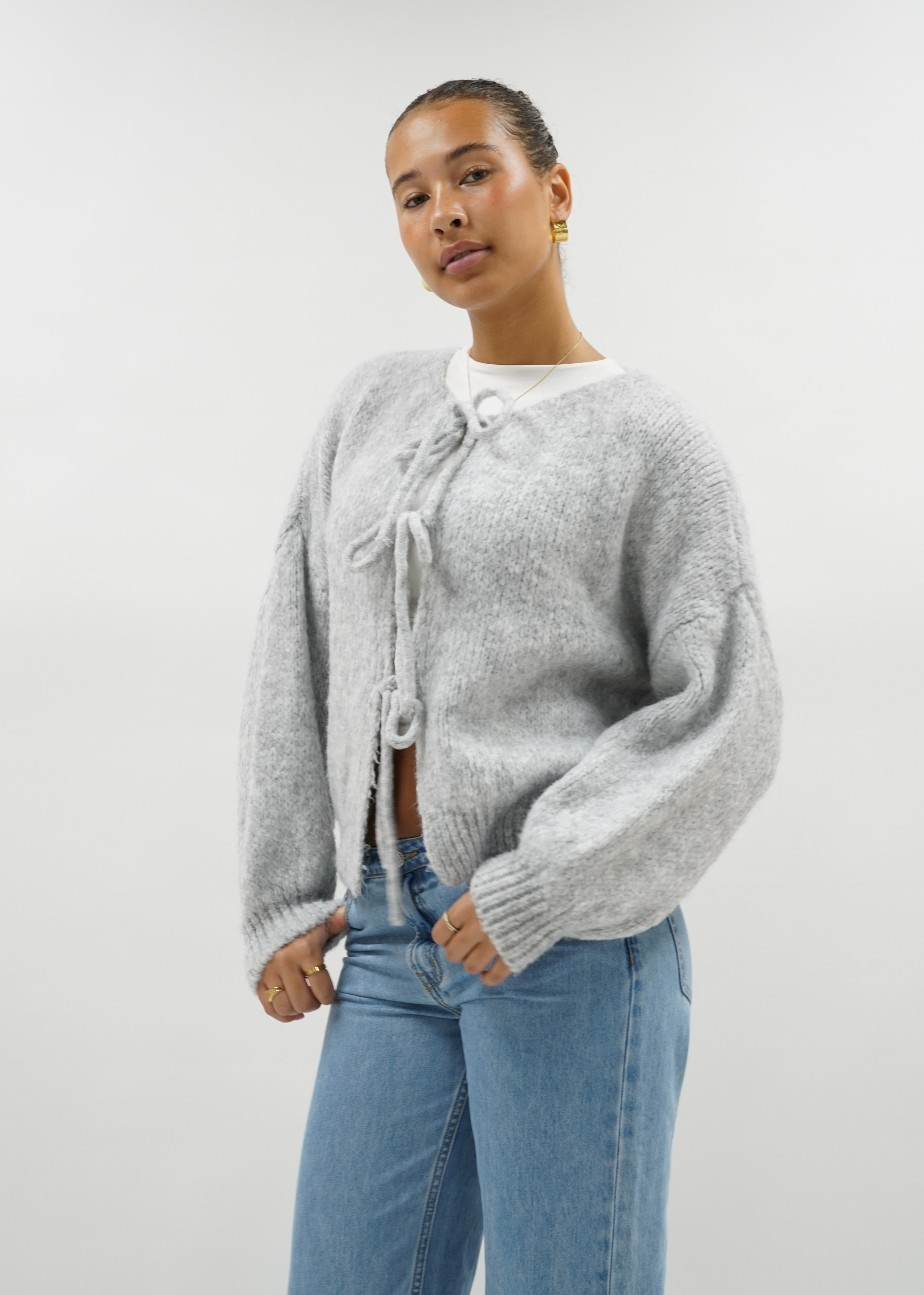 Knitted bow sweater light grey (tall)