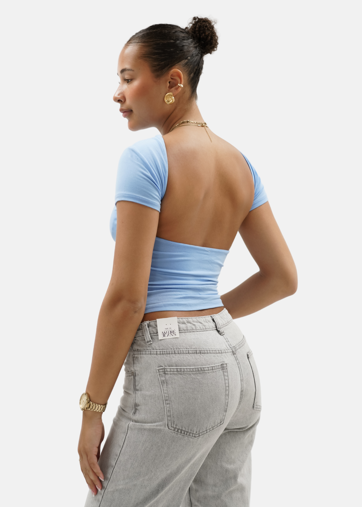 Short sleeve backless top light blue