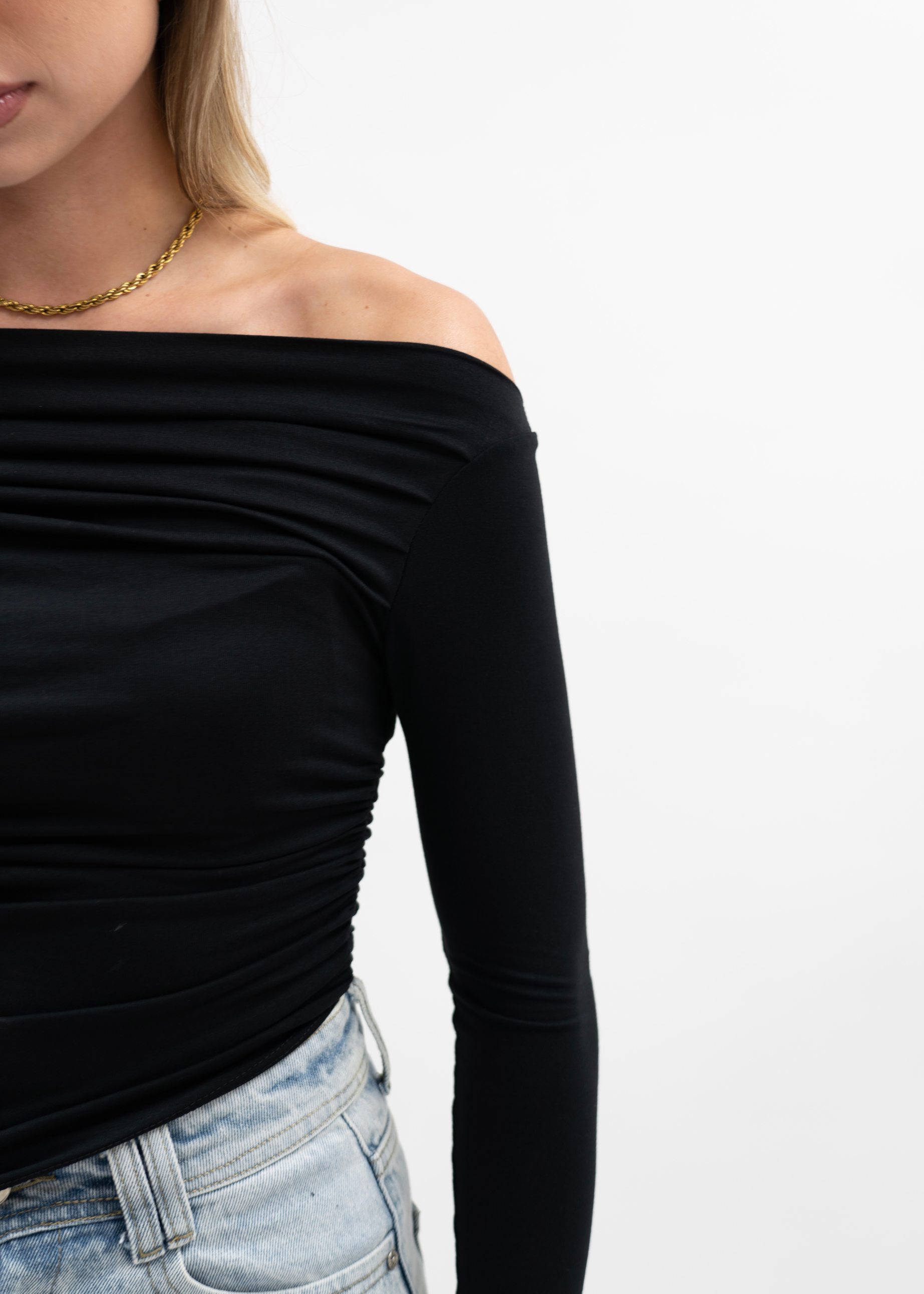 Off-shoulder ruche top black