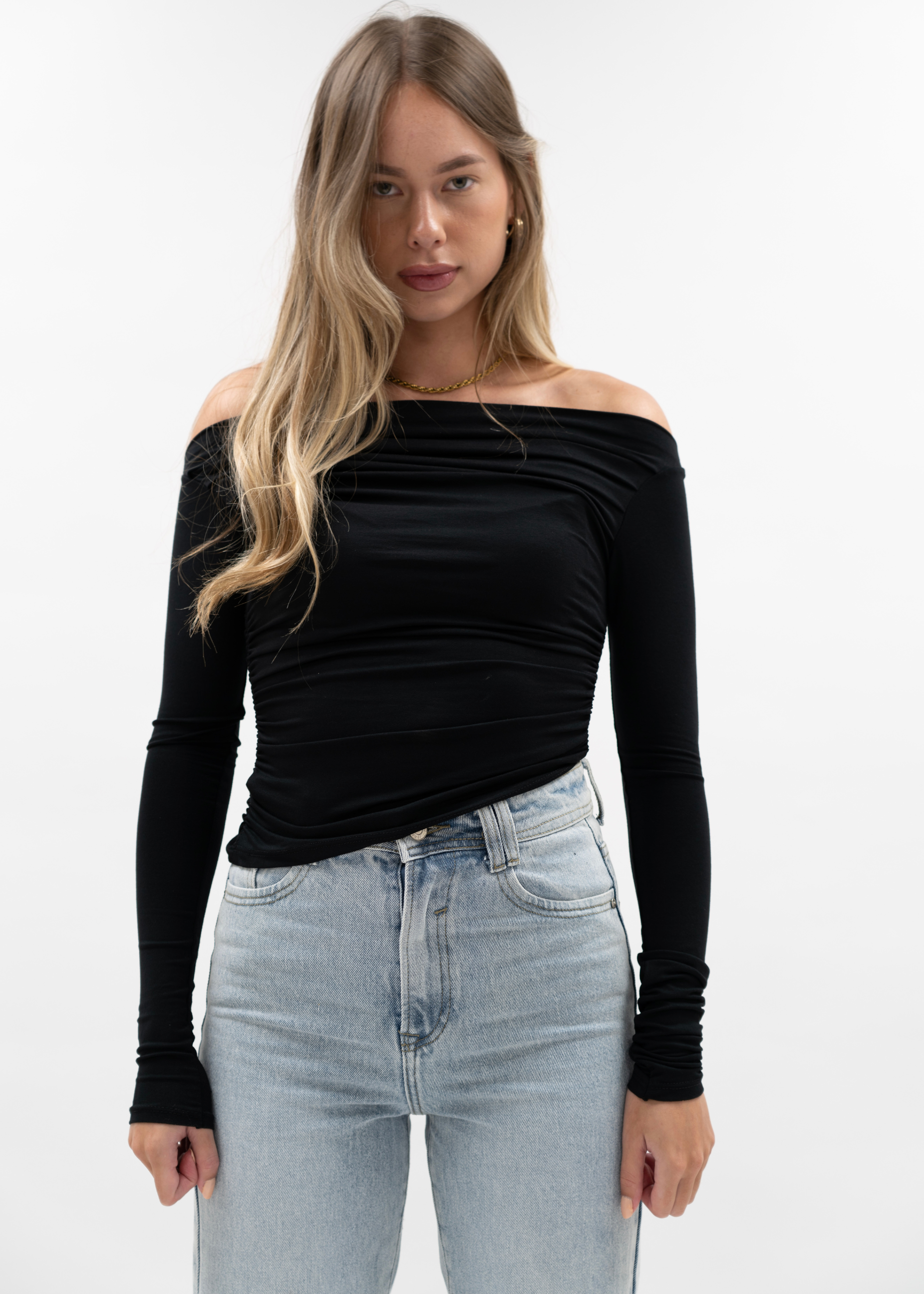 Off-shoulder ruche top black