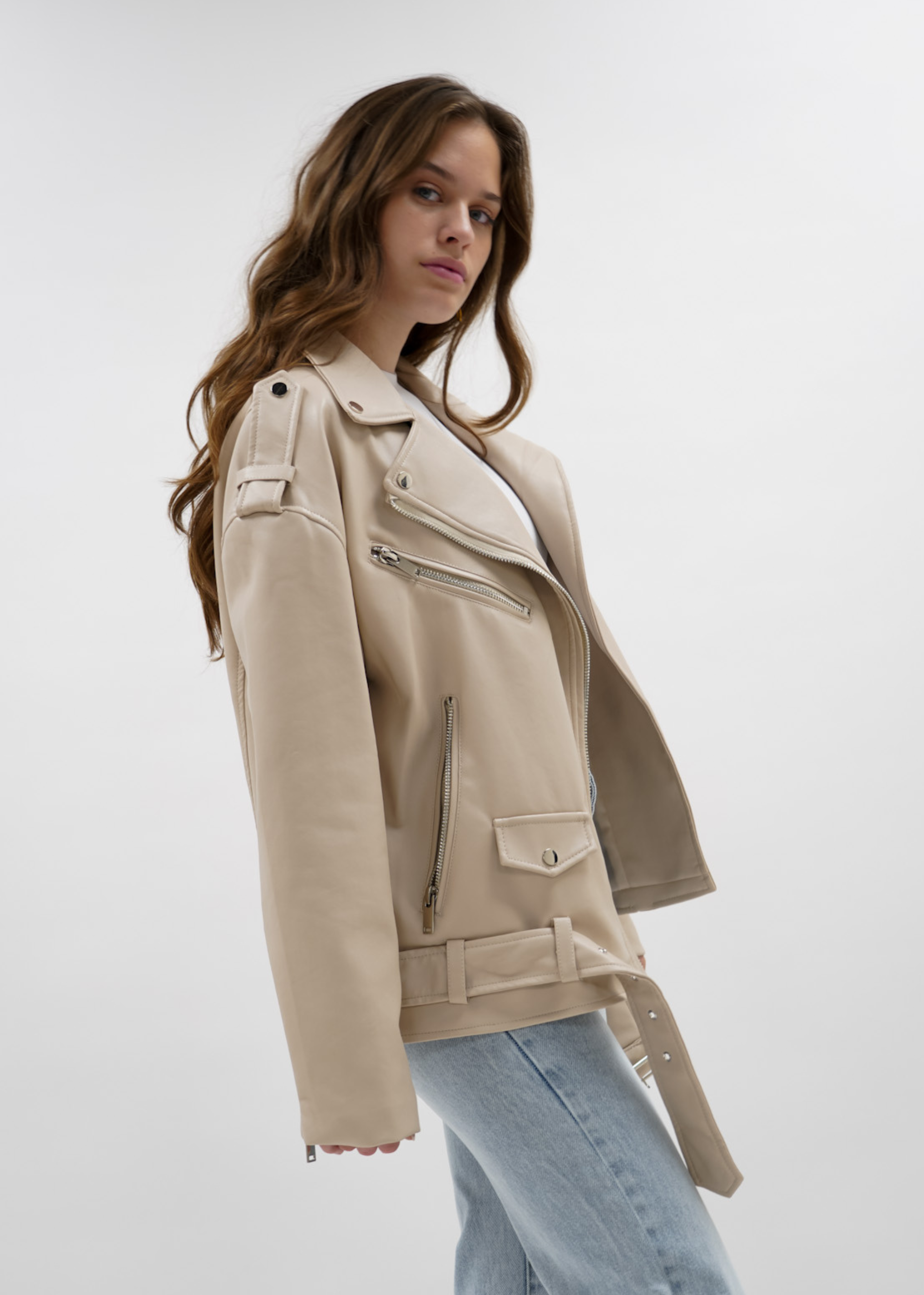 Oversized biker jacket beige