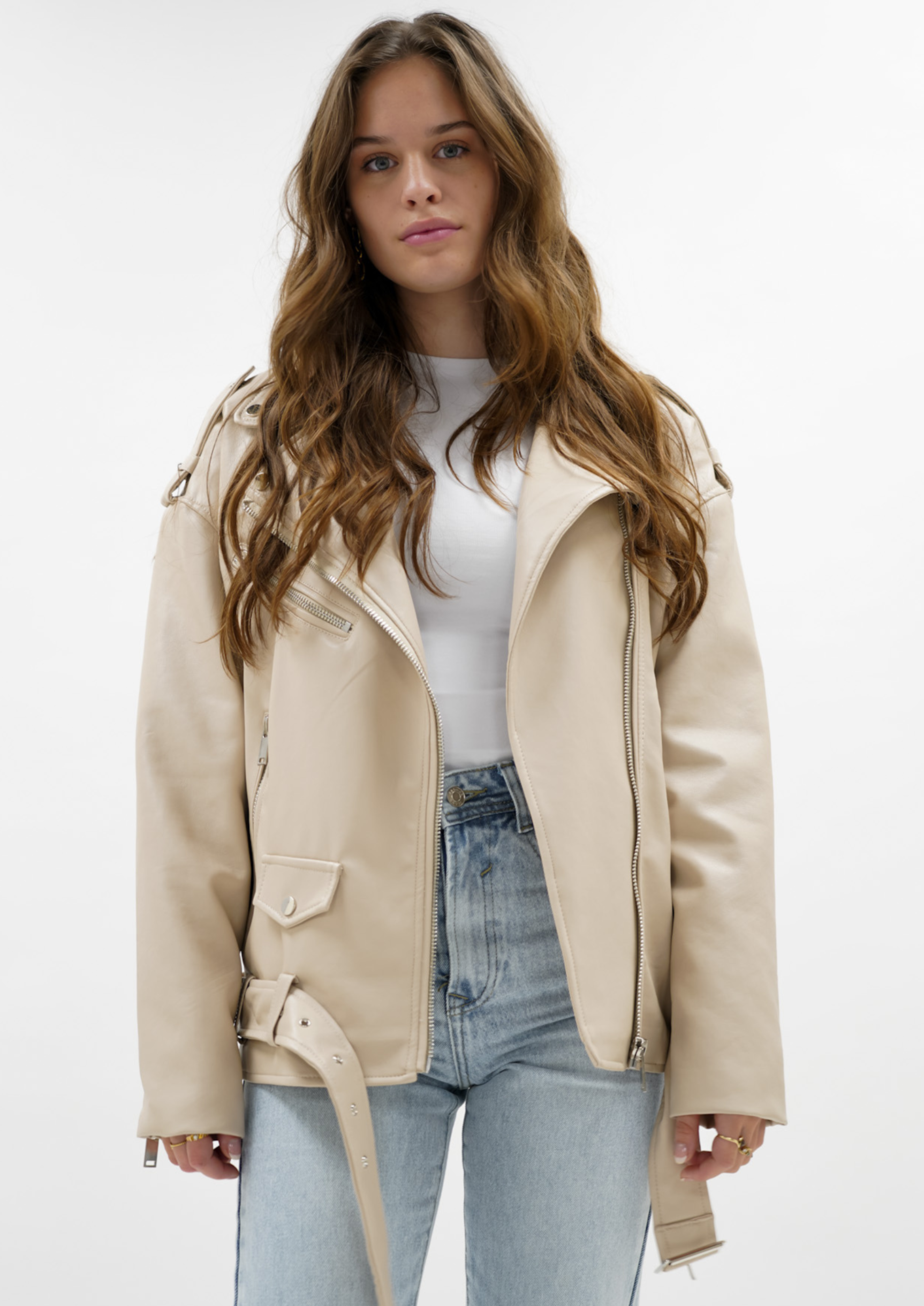 Übergroße Bikerjacke beige