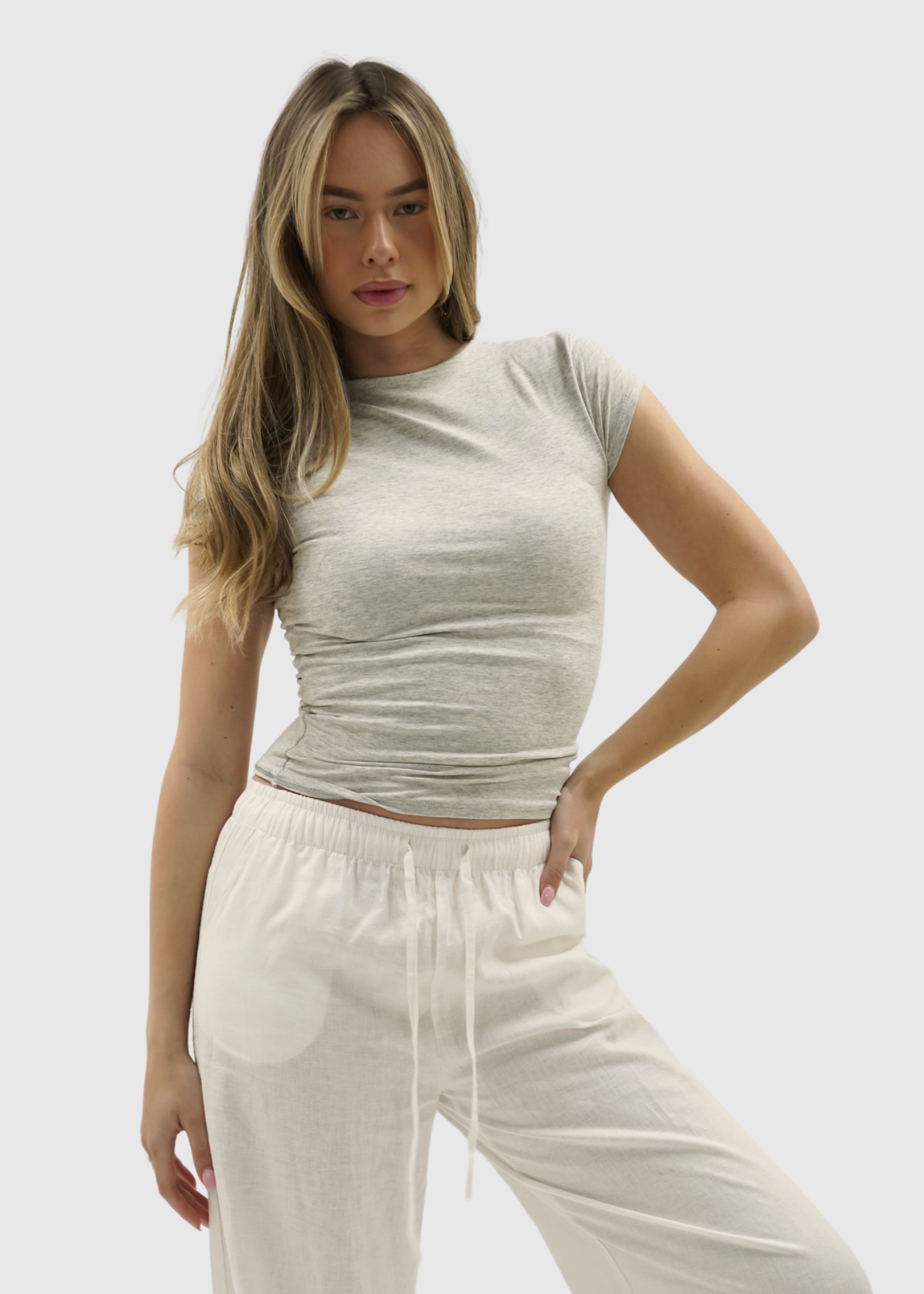 Short sleeve top long crème/grey melange