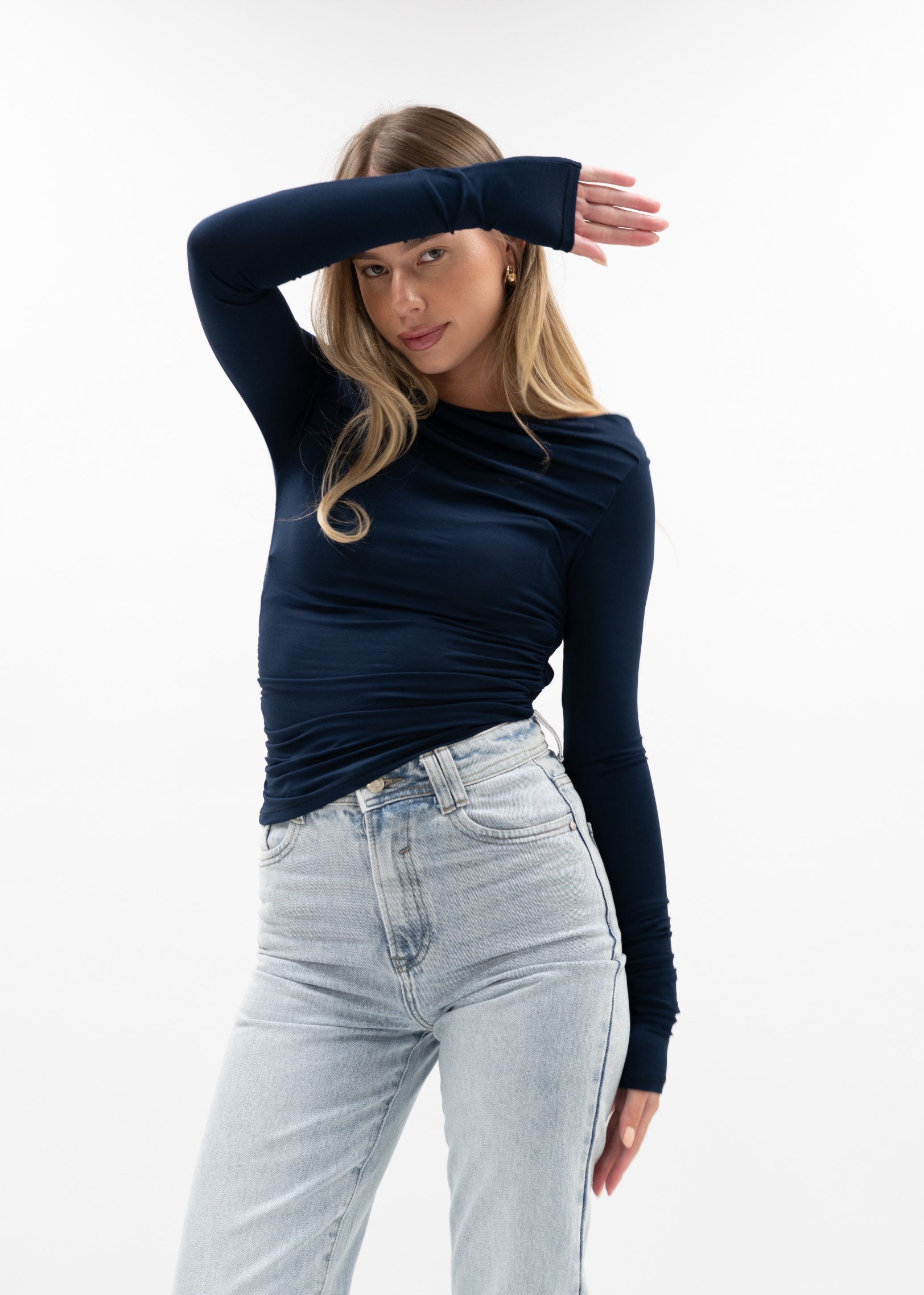 Off-shoulder ruche top night blue