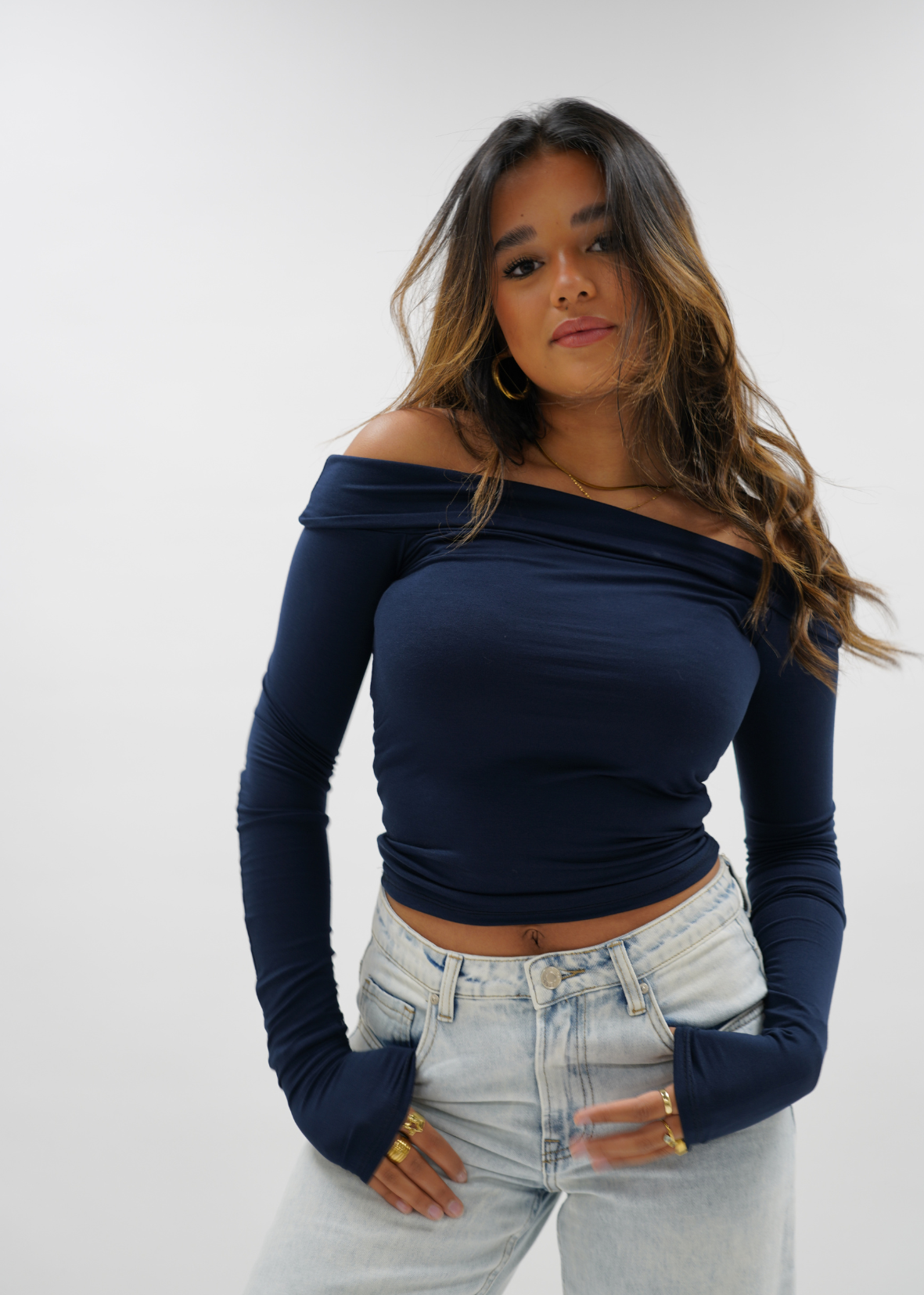 Blue off the shoulder crop 2025 top