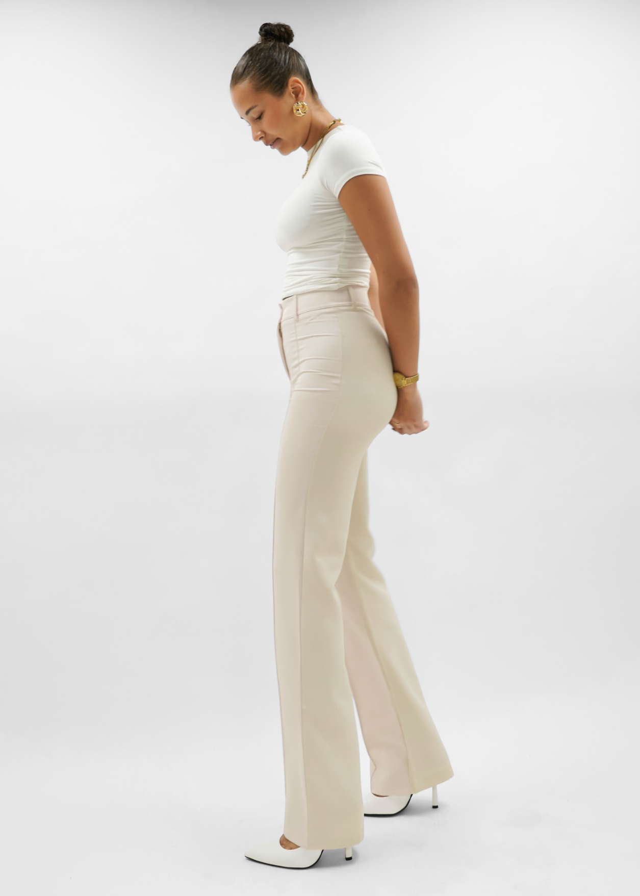 Straight leg pants met pressfold crème (tall)
