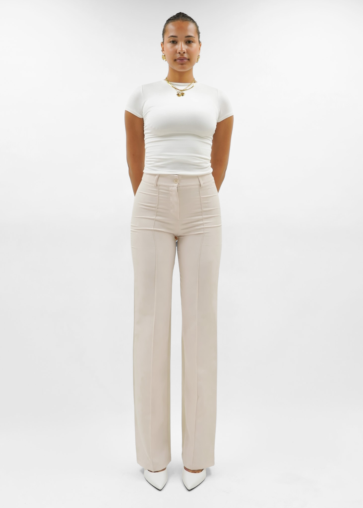 Straight leg pants met pressfold crème (tall)