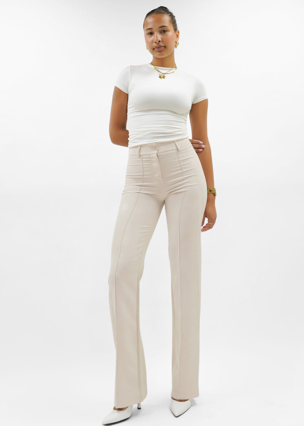 Straight leg pants met pressfold crème (tall)