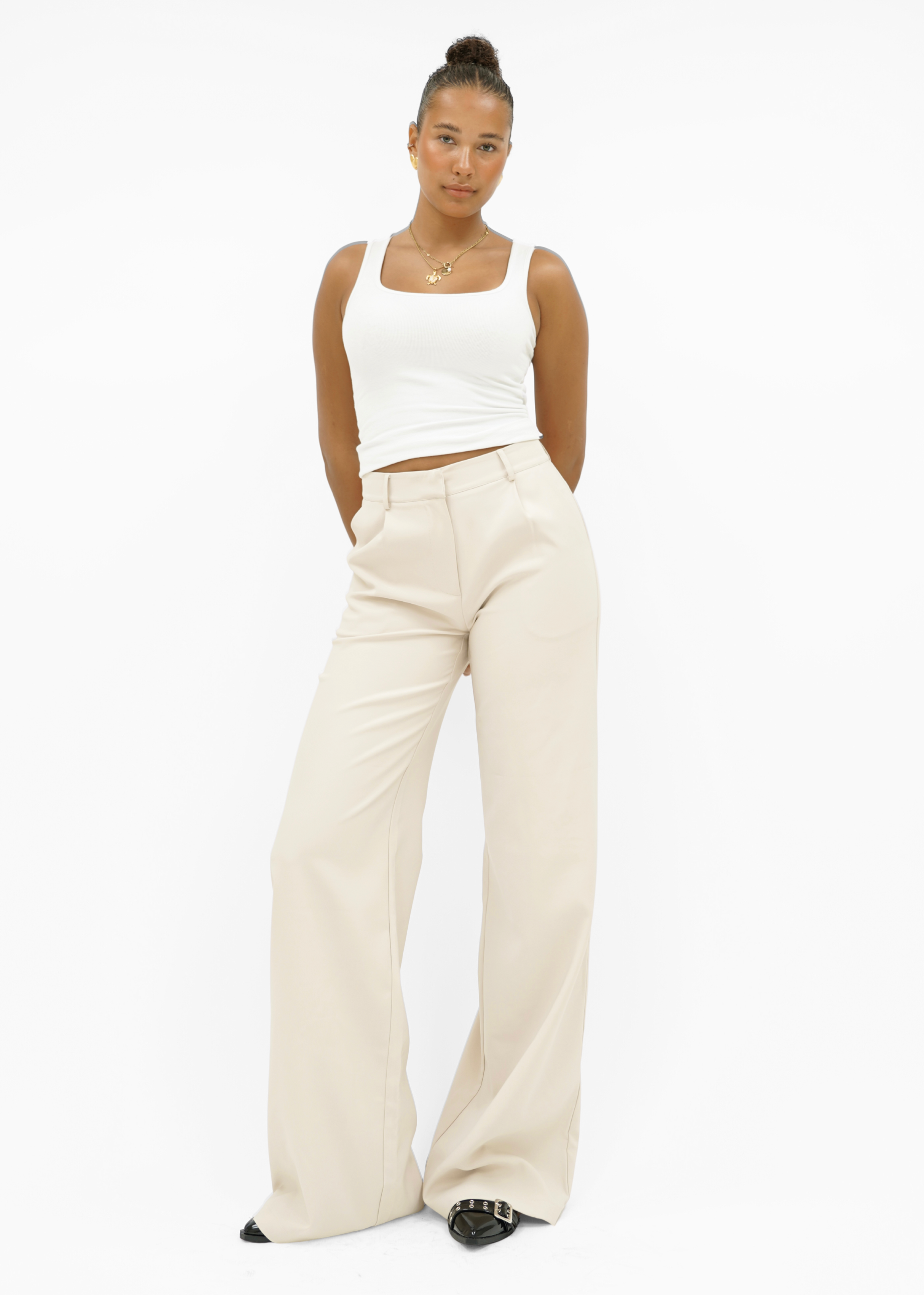 High waist wide leg pants casual crème (tall)