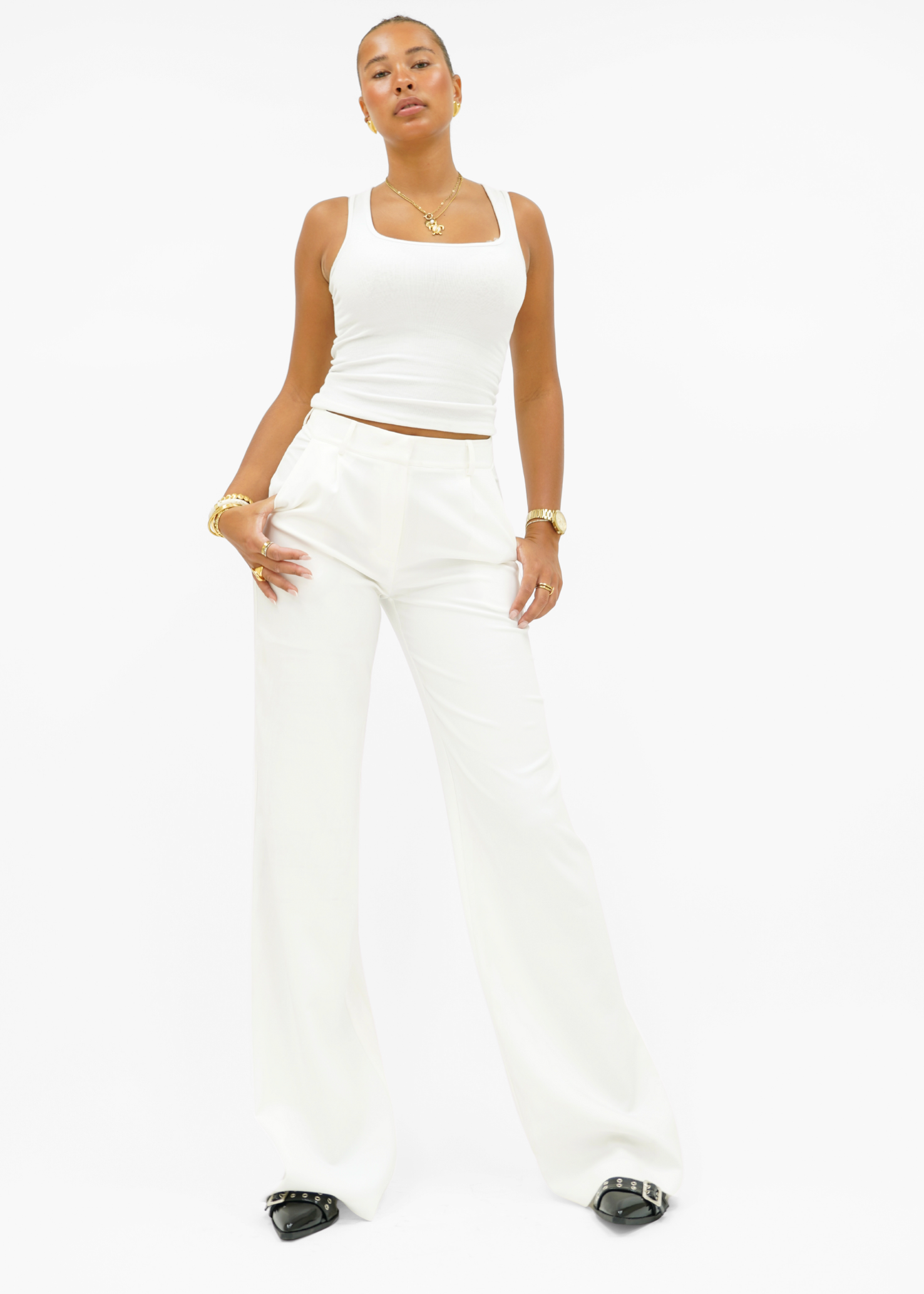 High waist wide leg pants casual white (tall)