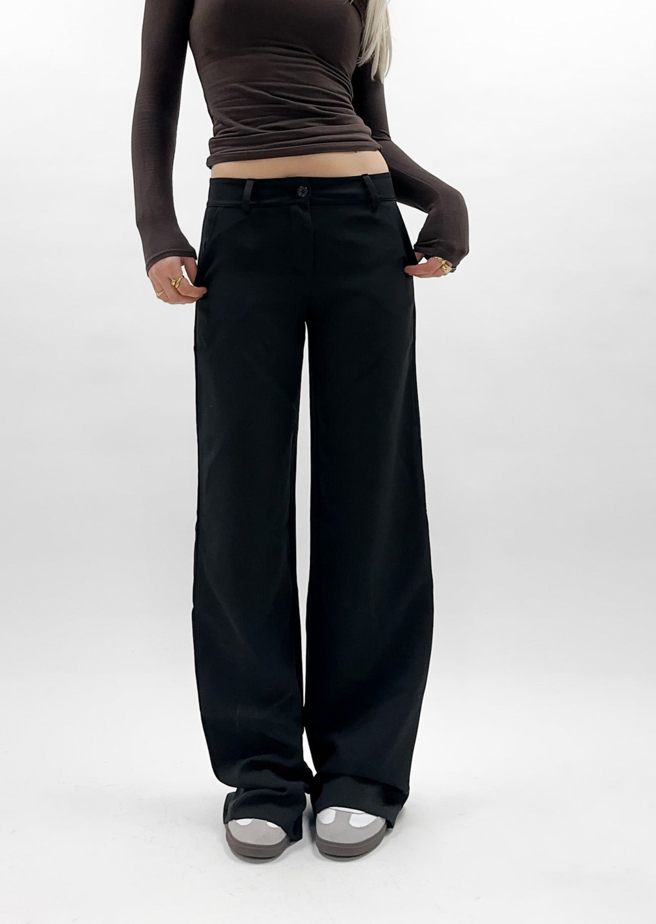 Low/mid waist straight leg pants casual black (REGULAR)