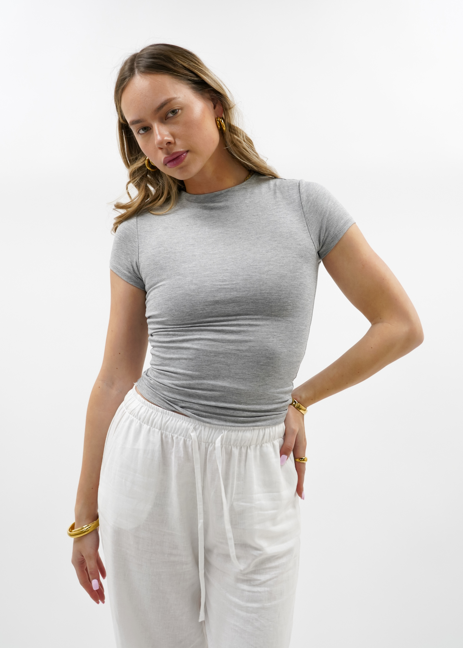Short sleeve top long light grey melange