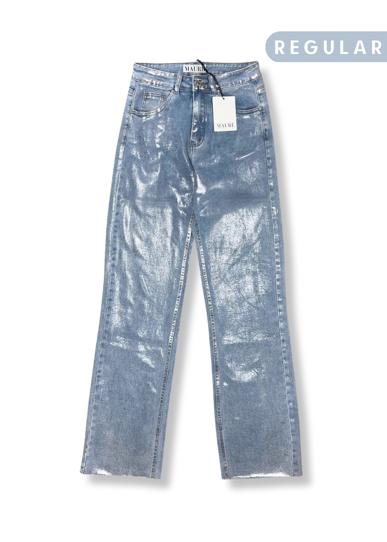 Jean taille haute jambe droite bleu/argent métallique
