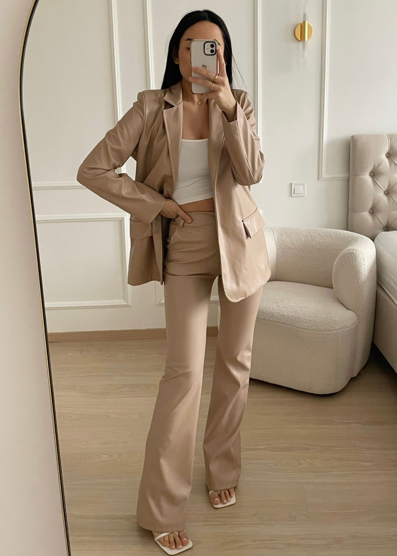 Flared pants leather look nude